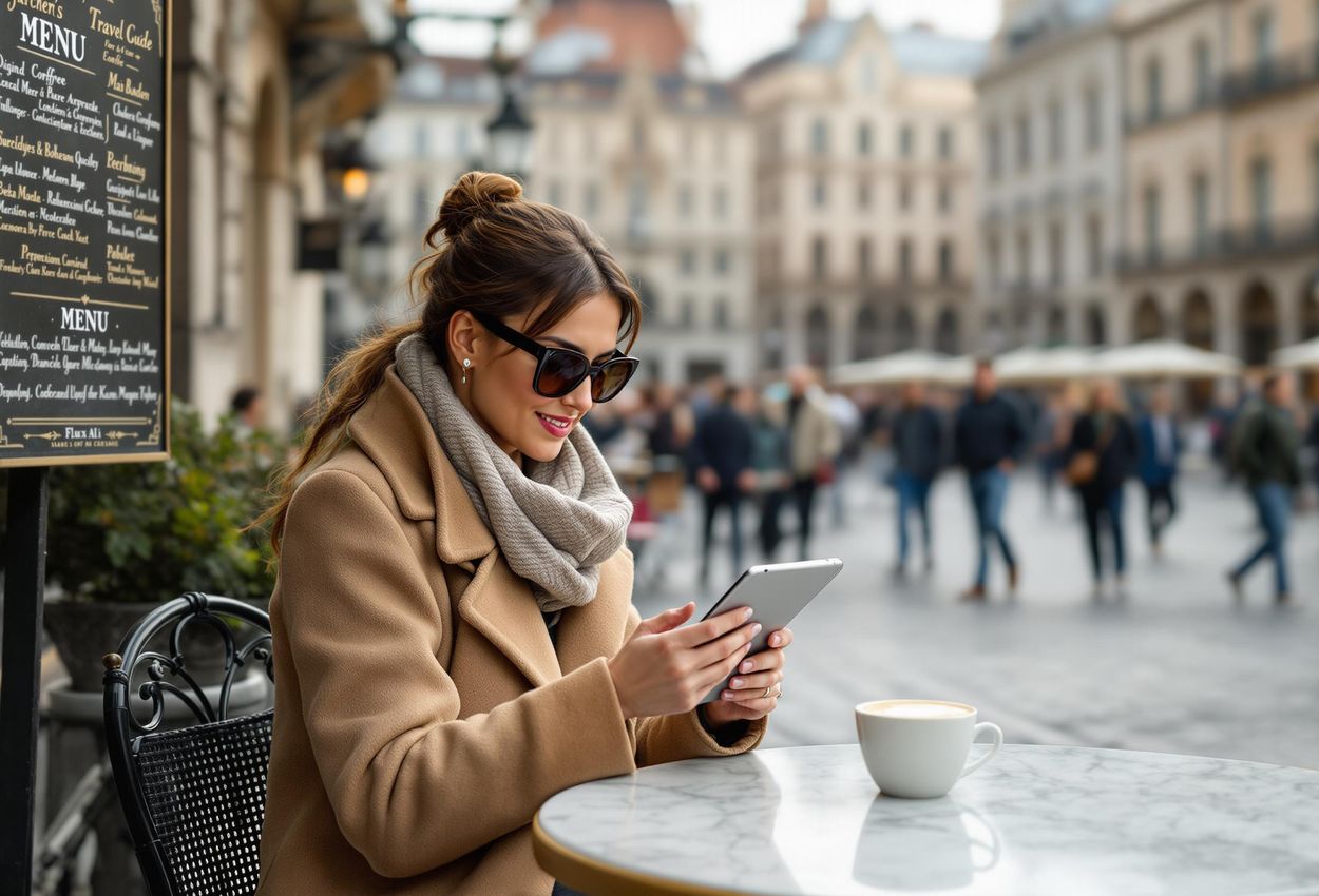 Traveler at Cafe in European City Square A woman reviews a travel guide at an outdoor cafe in a bustling European city square, capturing the essence of pre-travel research.