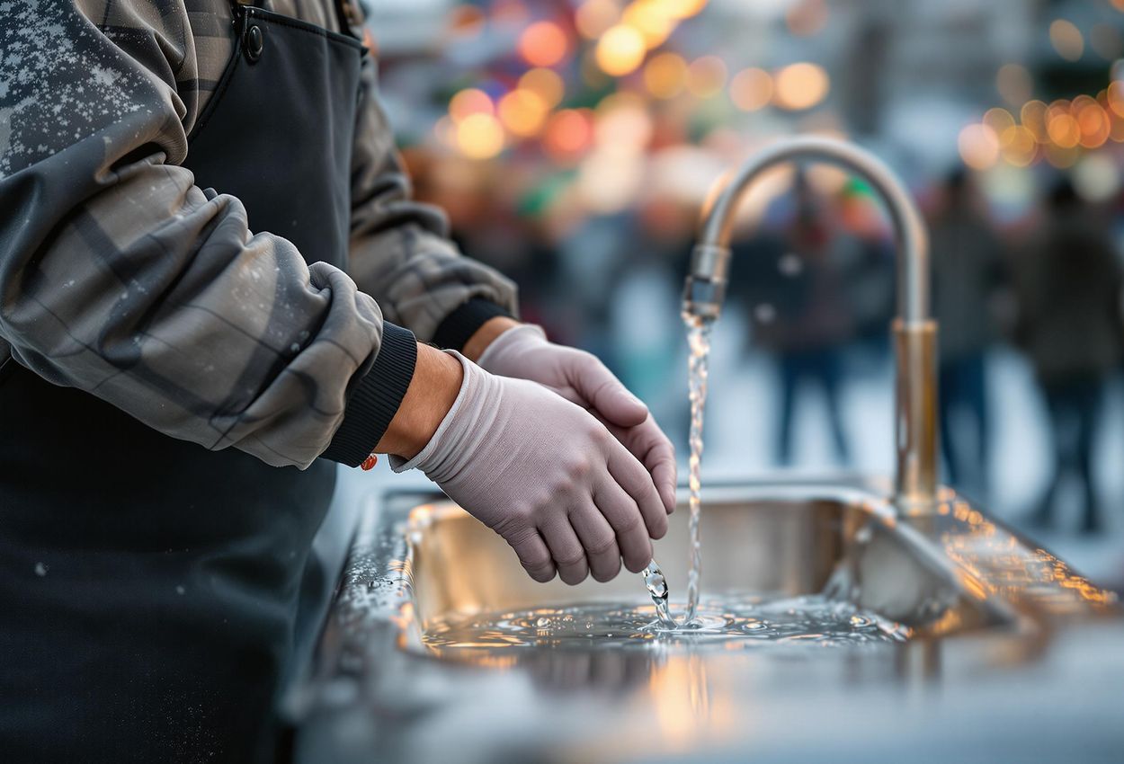 A candid photograph of a food vendor at a winter festival on January 1, 2025, meticulously washing their hands at a portable sink, highlighting the importance of hygiene in food preparation.