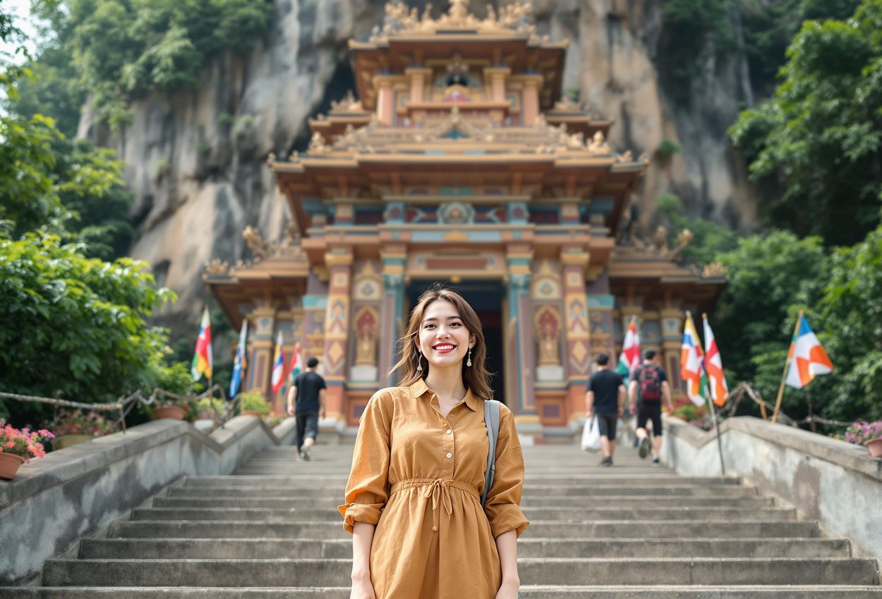 Traveler at Batu Caves Temple, Selangor, Malaysia A photograph of a traveler standing before the ornately decorated Batu Caves temple in Selangor, Malaysia. The traveler is respectfully dressed and smiling, capturing the serene beauty and cultural richness of the location.