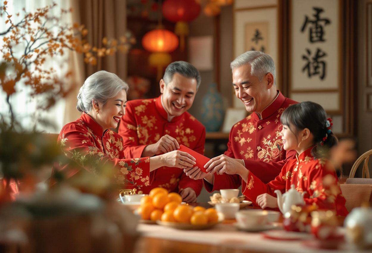A photograph captures a Chinese family in traditional red clothing exchanging red envelopes during Lunar New Year in a warmly decorated home.