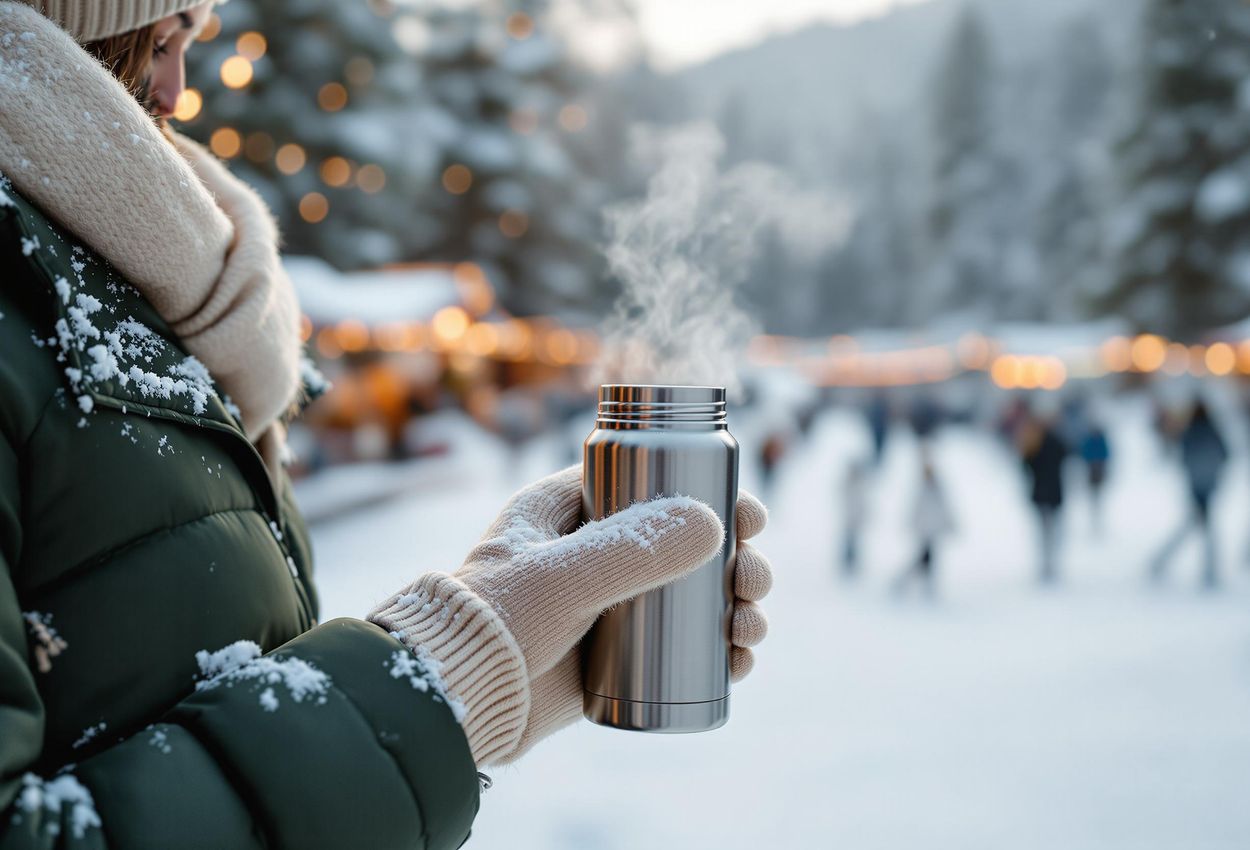 A serene image capturing a person holding a thermos of hot herbal tea at a snow-covered winter festival, emphasizing the importance of staying hydrated in cold weather.