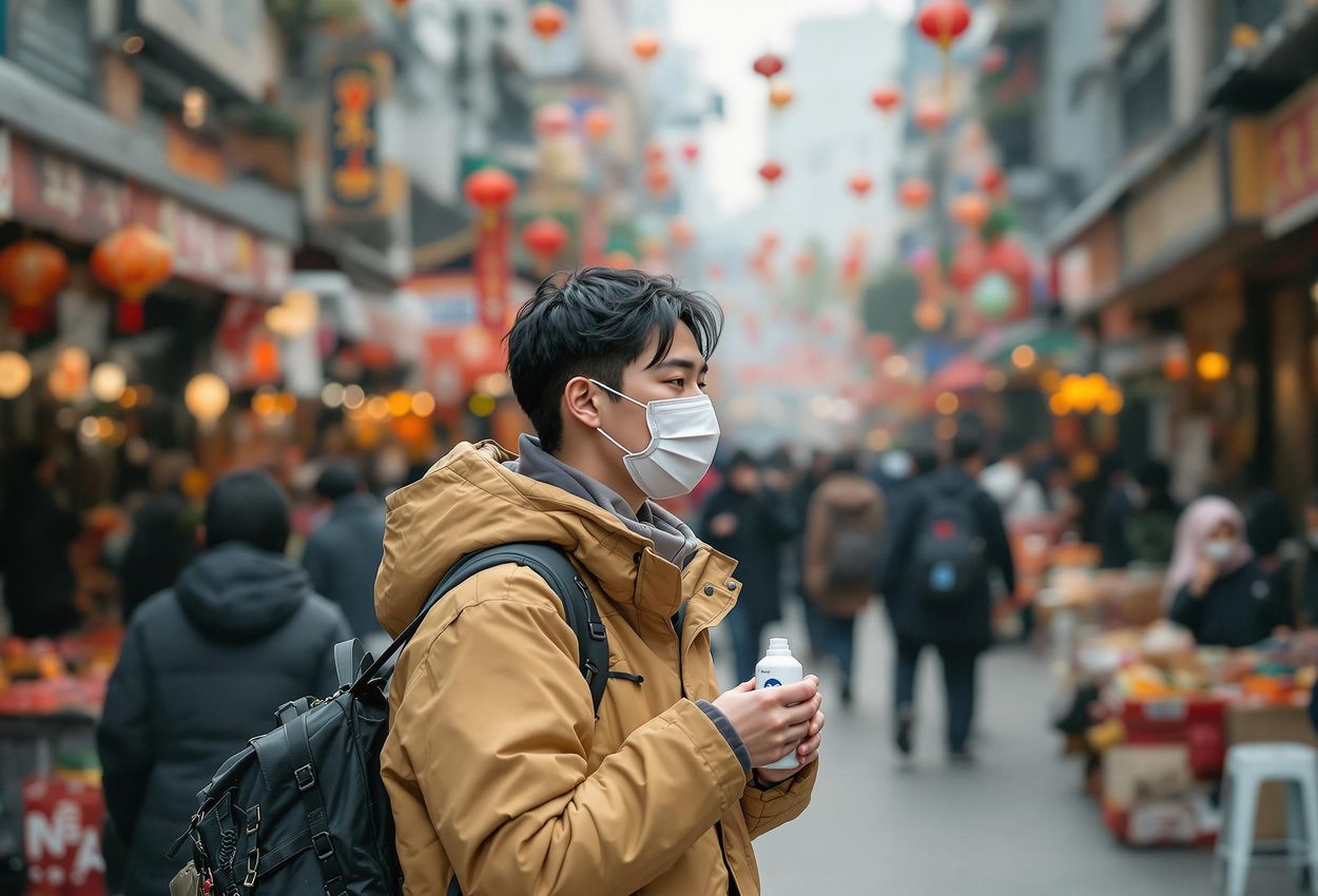 A photograph capturing a traveler wearing a face mask and using hand sanitizer during Lunar New Year celebrations in a crowded Hong Kong public space, emphasizing personal safety.
