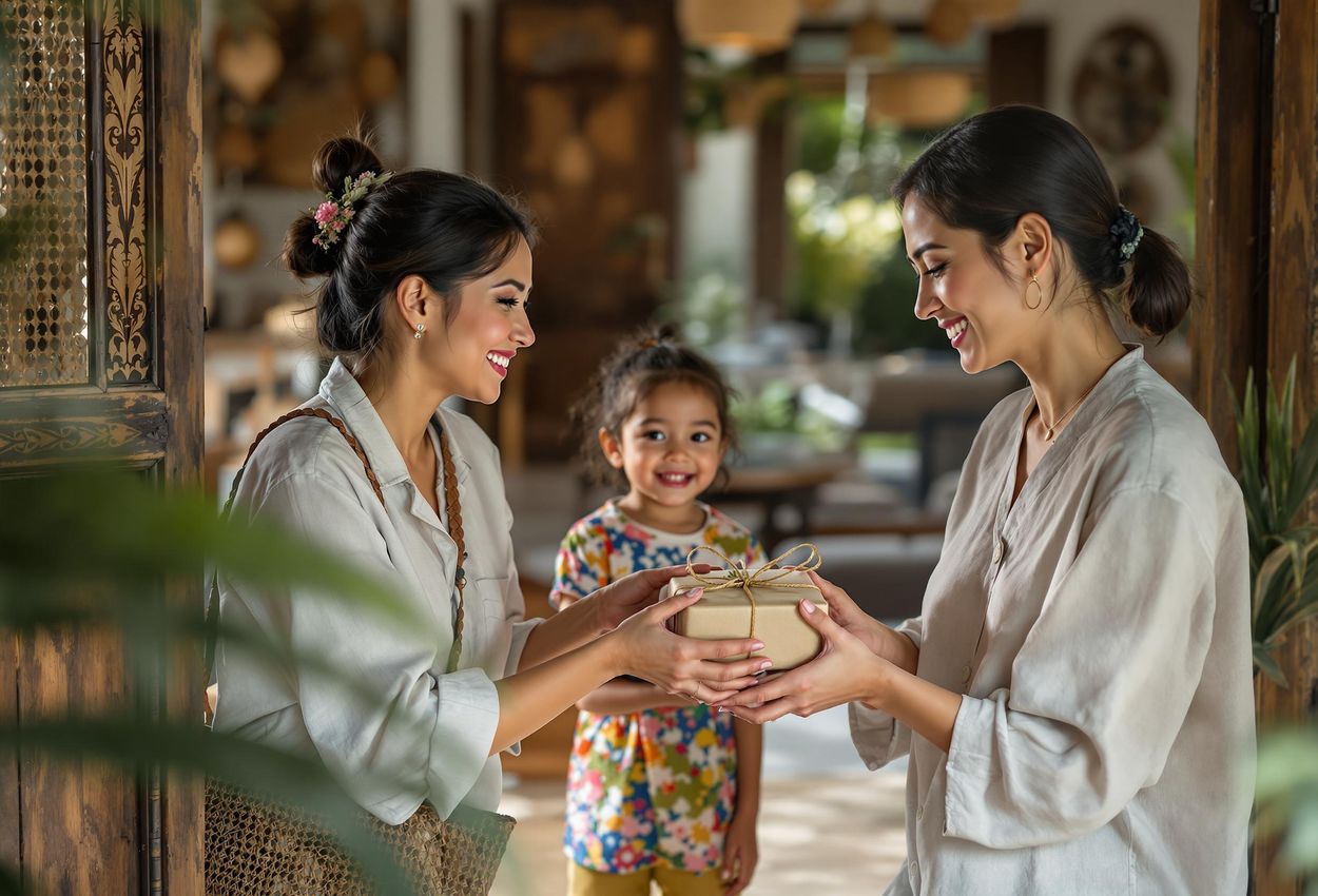 Heartwarming Moment: Traveler Presents Gift to Balinese Family A candid photograph capturing a traveler