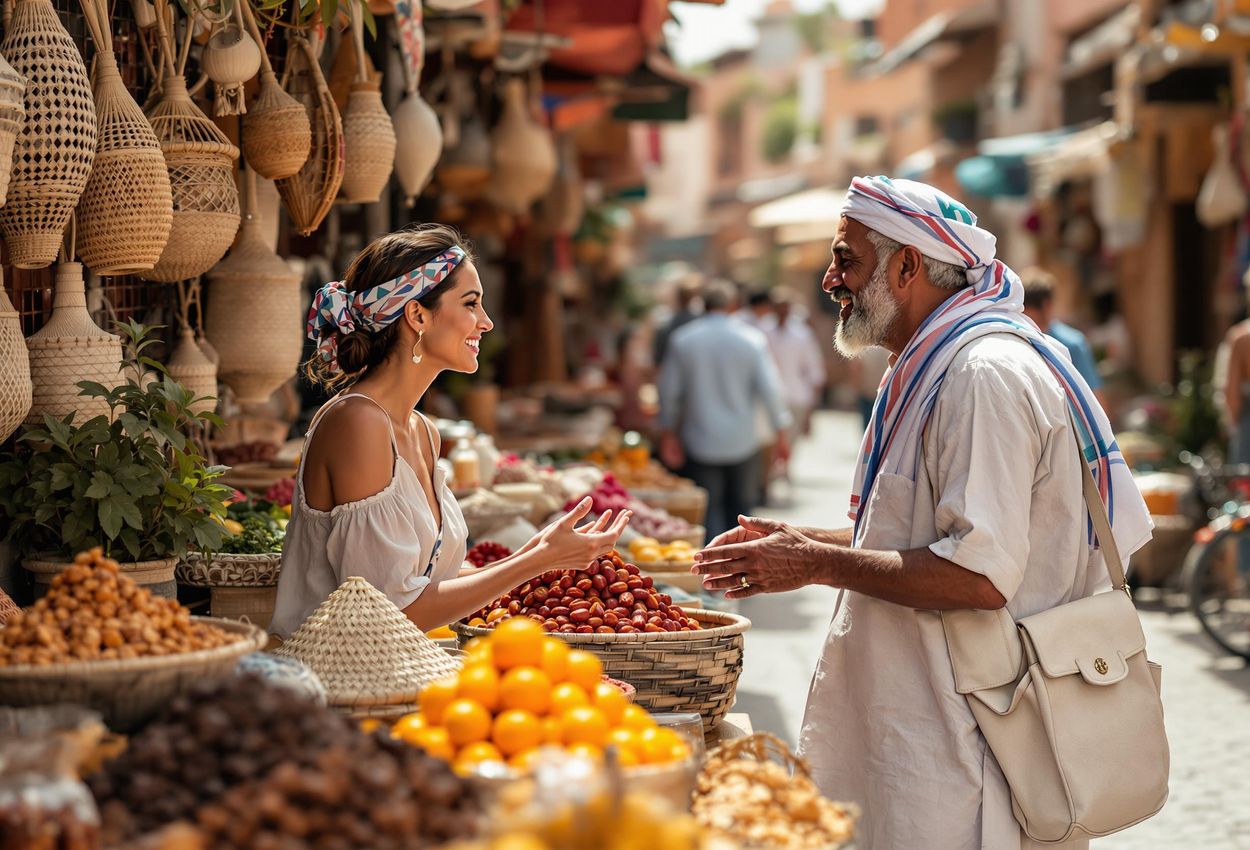 Traveler Engages with Local Artisan in Marrakech Marketplace A medium shot captures a traveler in a linen dress conversing with a local artisan amidst the vibrant colors and textures of a bustling marketplace in Marrakech, Morocco.