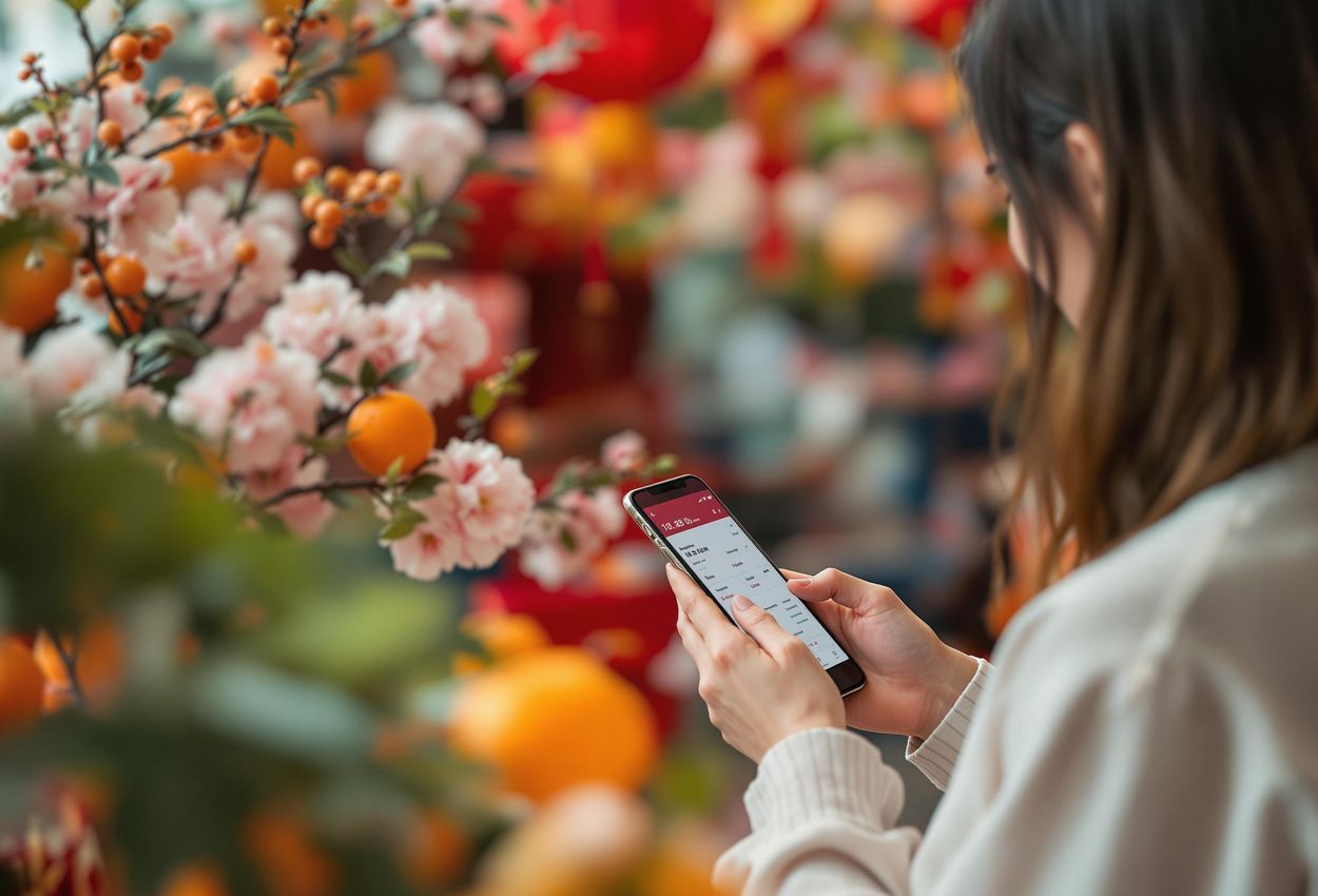 A traveler checks their budgeting app surrounded by Lunar New Year decorations, emphasizing financial planning during the holiday season.
