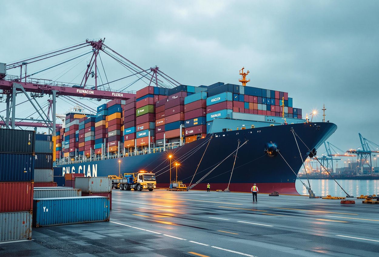 A telephoto shot of a cargo ship at a busy port during Lunar New Year, showcasing the scale of operations and potential delays under an overcast sky.