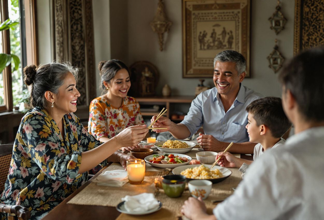 Traveler Shares Authentic Balinese Meal in Ubud Home A photograph capturing a traveler dining with a Balinese family in their traditional Ubud home, showcasing cultural exchange and proper dining etiquette.