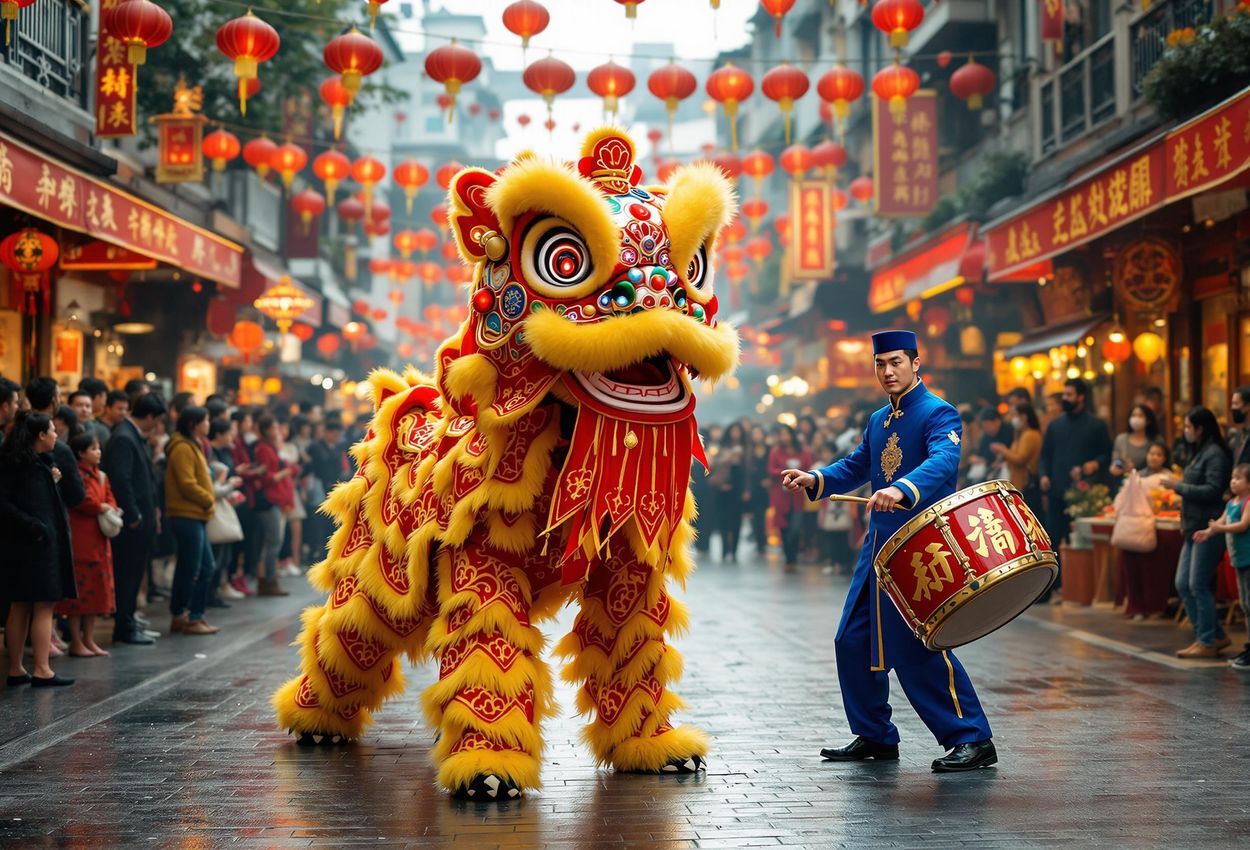 A close-up photograph captures the energy and excitement of a lion dance performance during Lunar New Year. Performers in colorful costumes dance amidst a cheering crowd, surrounded by festive decorations and traditional food stalls.