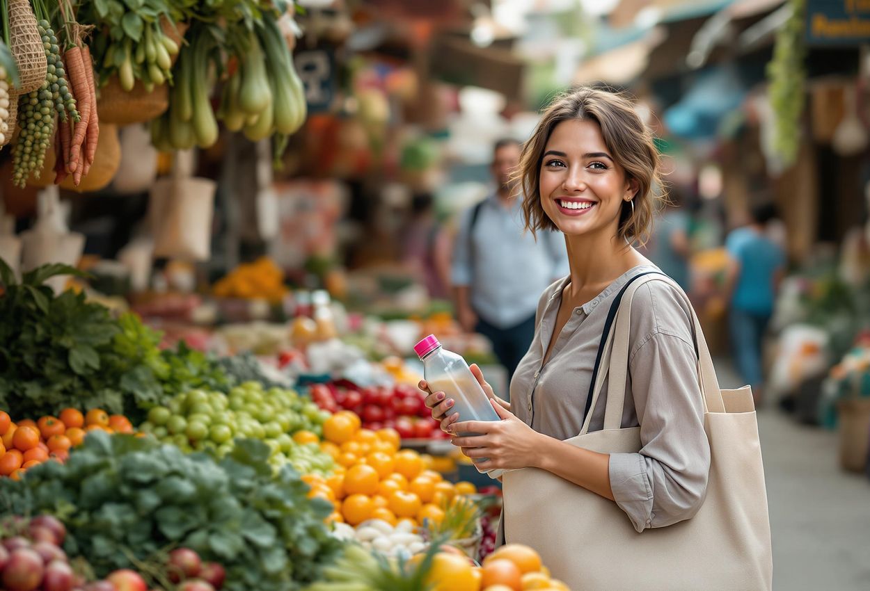 Traveler Embracing Sustainable Practices at a Vibrant Local Market A candid photograph capturing a traveler using a reusable water bottle and shopping bag while exploring a bustling local market, promoting sustainable tourism and cultural exchange.