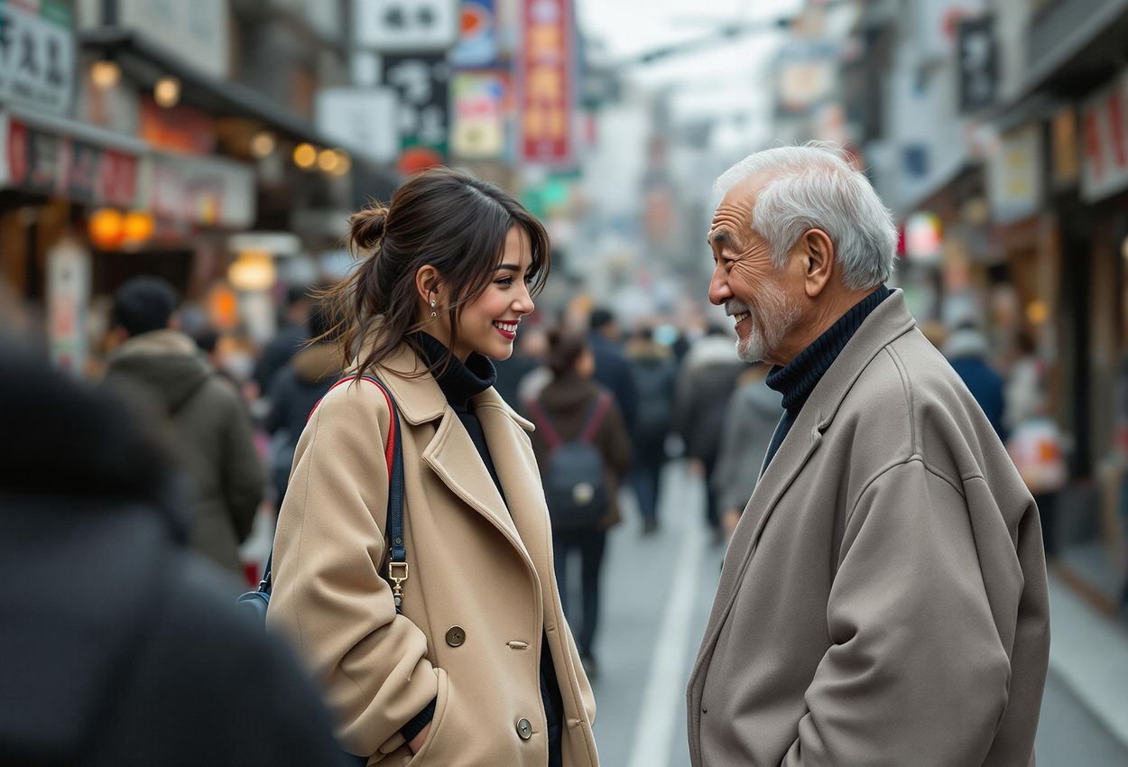 Candid Moment: Traveler Apologizing in Crowded Tokyo Street A photograph capturing a genuine moment of cultural exchange in Tokyo, where a traveler sincerely apologizes to a local after a minor accidental encounter.