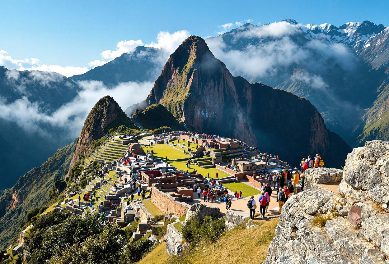 A telephoto panoramic photograph captures the iconic Machu Picchu ruins, highlighting the environmental challenges of overtourism with eroded pathways and controlled crowds.