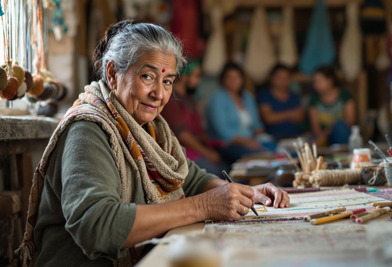 A heartwarming photograph capturing a local artisan in the Andes, showcasing the beauty and responsibility of community-based tourism. The image highlights the artisan