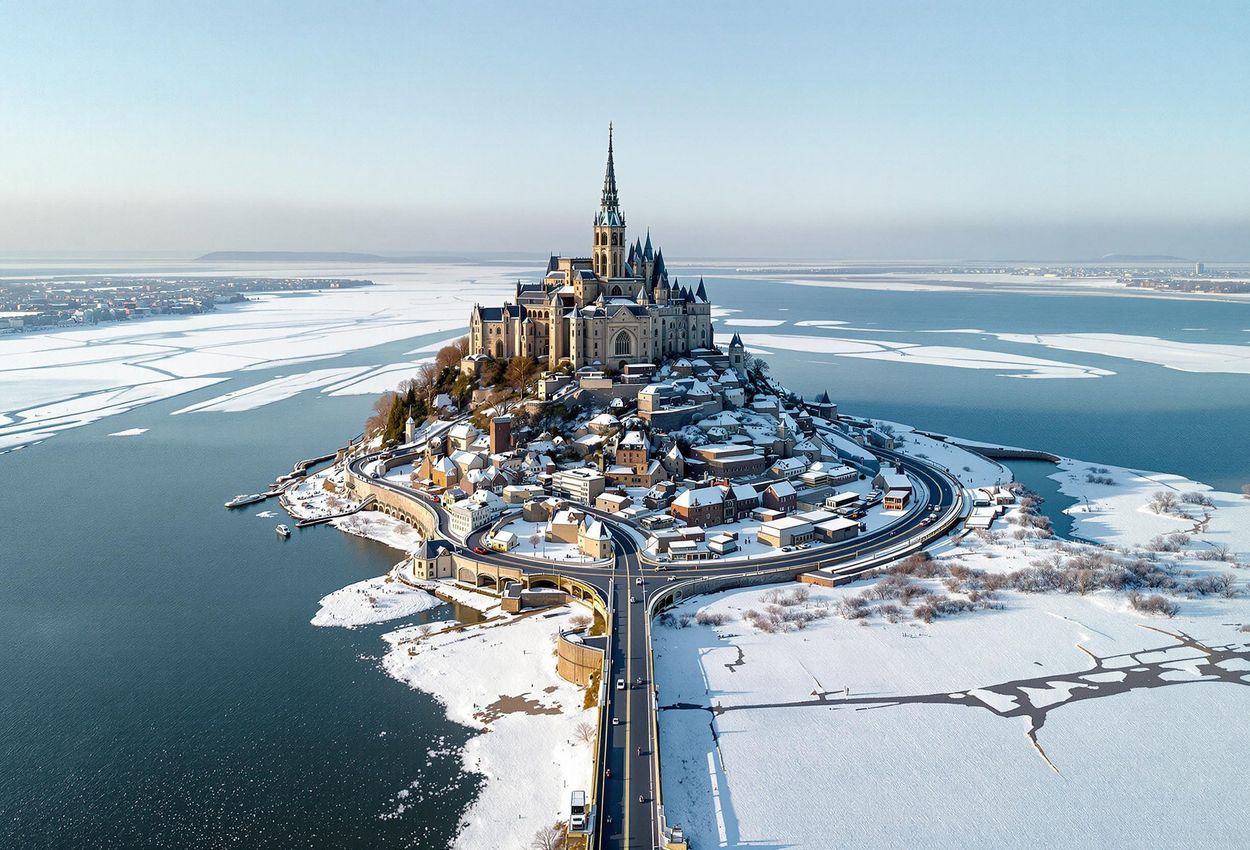 An aerial photograph of Mont-Saint-Michel, France, showcasing eco-friendly transport solutions and the iconic abbey surrounded by a winter landscape.