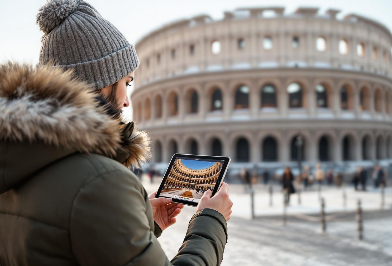 A person uses a virtual tourism app to explore the Colosseum in Rome, Italy, on a crisp winter day, showcasing the blend of cultural heritage and modern technology.