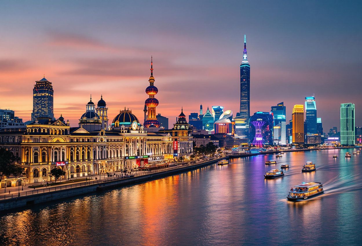 A panoramic photograph of the Shanghai Bund at dusk, showcasing the illuminated historic buildings and the modern Pudong skyline reflected in the Huangpu River.