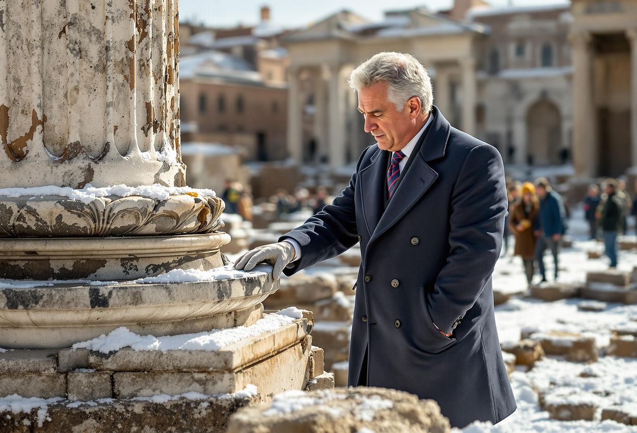 A photograph of a government official examining a marble column base at the Roman Forum in Rome, Italy, on a winter day. The image highlights the importance of cultural heritage preservation and tourism regulations.