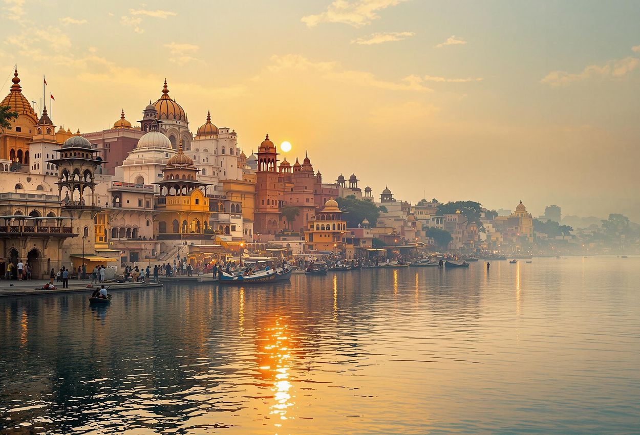 A stunning photograph captures the sunrise over Varanasi, India, showcasing the city