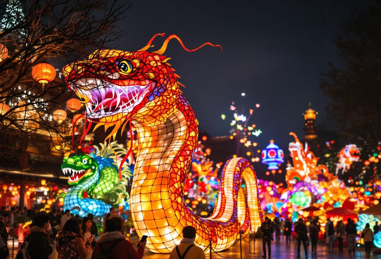 A close-up photograph captures the vibrant Yu Garden Lantern Festival in Shanghai, featuring a large, intricately designed snake lantern surrounded by smaller lanterns and admiring visitors.