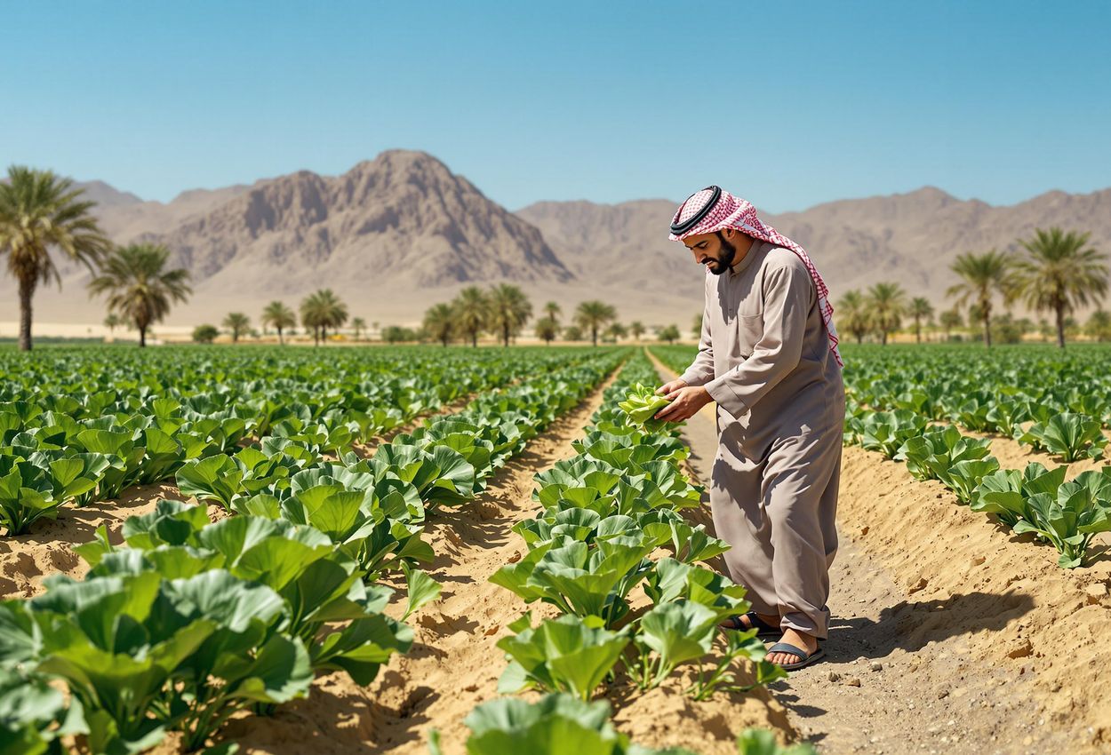 A photograph capturing a farmer tending to lush winter crops in AlUla, Saudi Arabia, highlighting the region