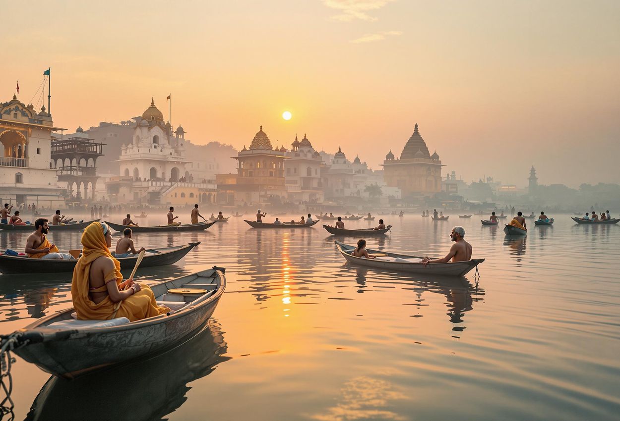 A breathtaking photograph capturing the spiritual essence of Varanasi at sunrise, with pilgrims performing rituals on the ghats of the Ganges River.