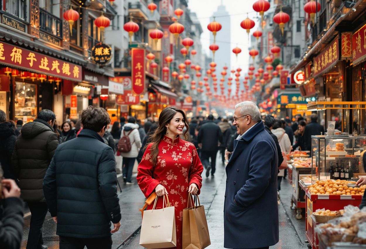 A photograph capturing the vibrant Lunar New Year celebration on Nanjing Road in Shanghai, filled with shoppers, decorations, and street food vendors.