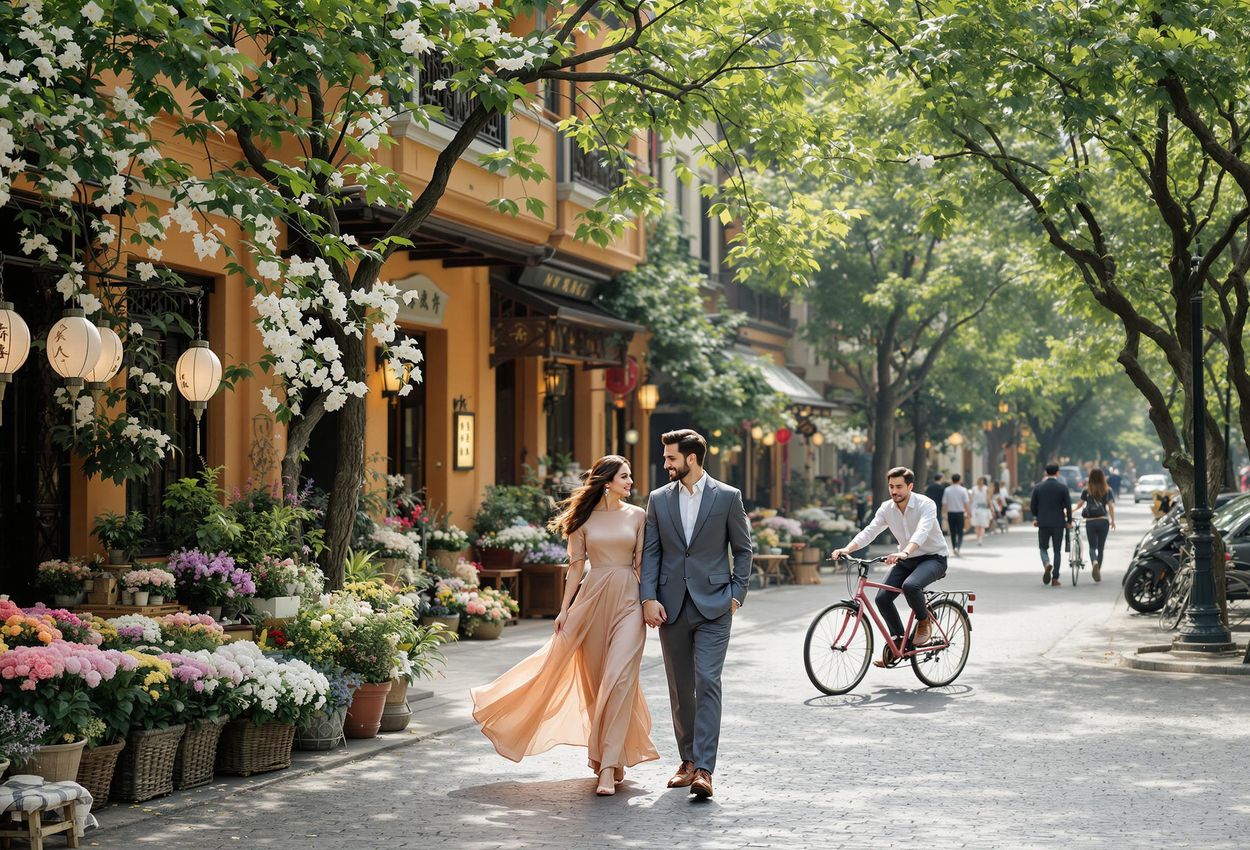 A photograph capturing a picturesque street in the Shanghai French Concession, featuring European-style buildings, lush trees, and a couple strolling hand-in-hand. The scene evokes a sense of romance and timeless elegance.