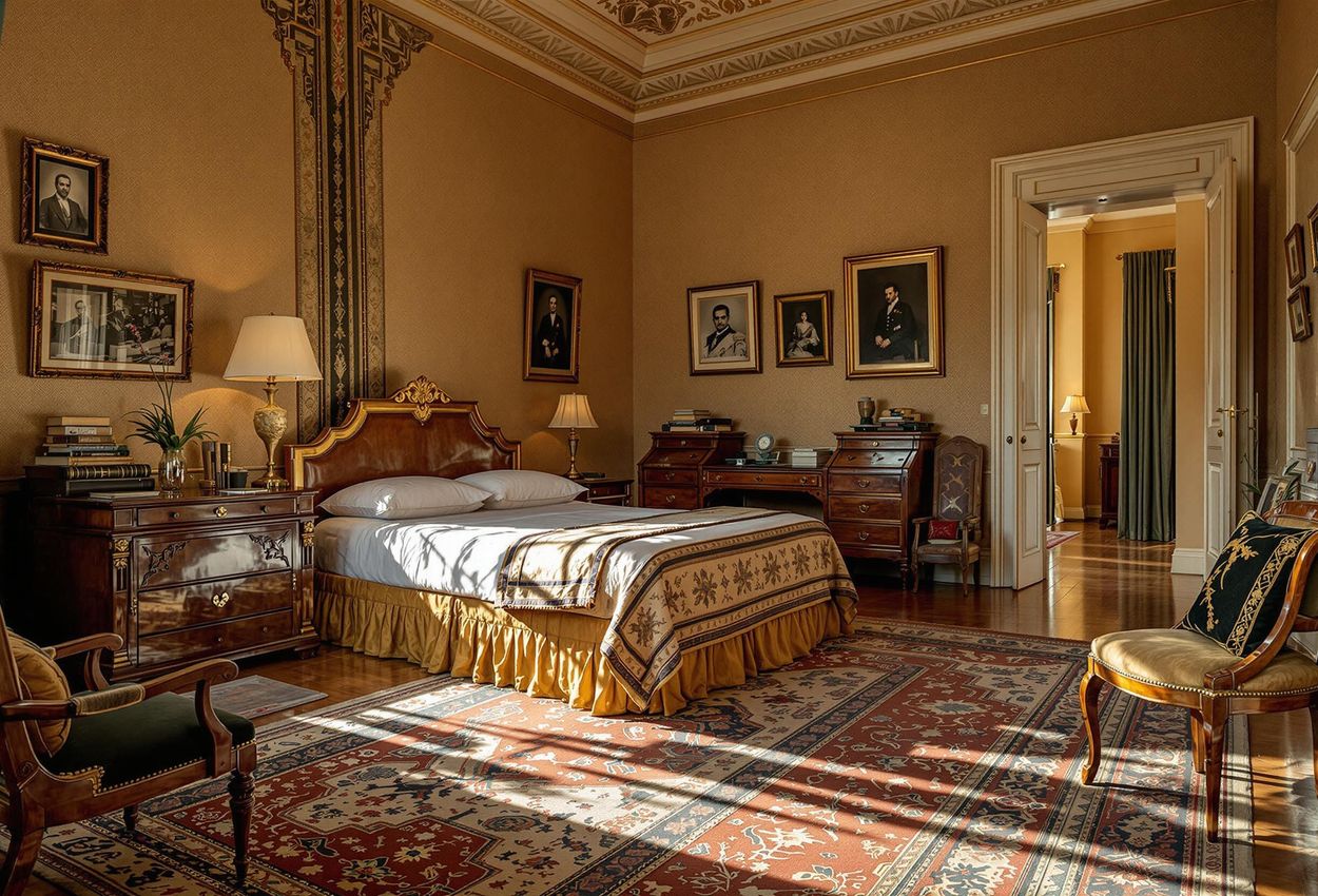 A photograph capturing the preserved bedroom of Emperor Haile Selassie inside the Ethnological Museum in Addis Ababa, showcasing personal items and architectural details.