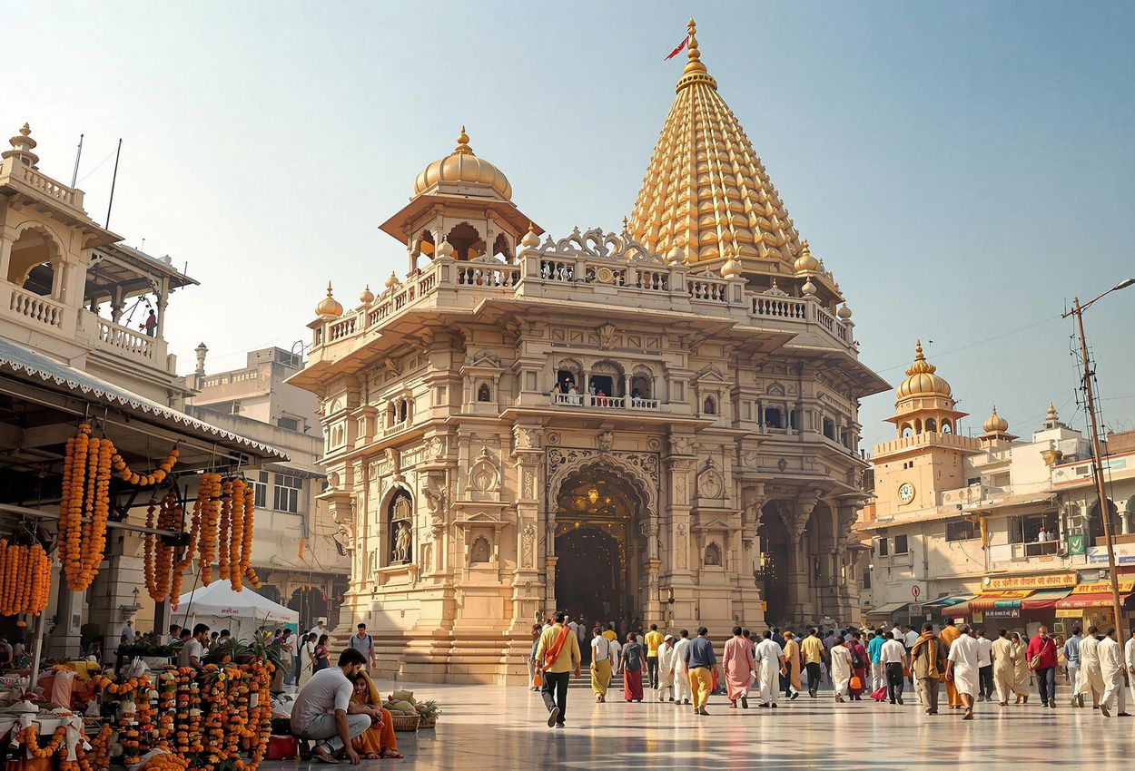 A detailed photograph of the Kashi Vishwanath Temple in Varanasi, India, showcasing its intricate architecture and the devotion of its visitors. The image captures the vibrant energy and spiritual atmosphere of this sacred site.
