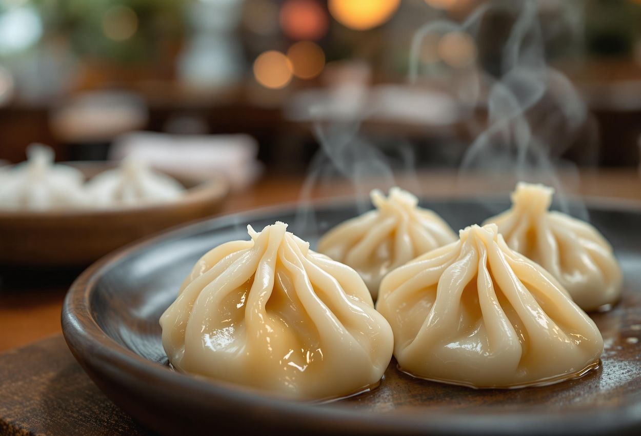 A close-up photograph of a plate of steaming Xiaolongbao, Shanghai