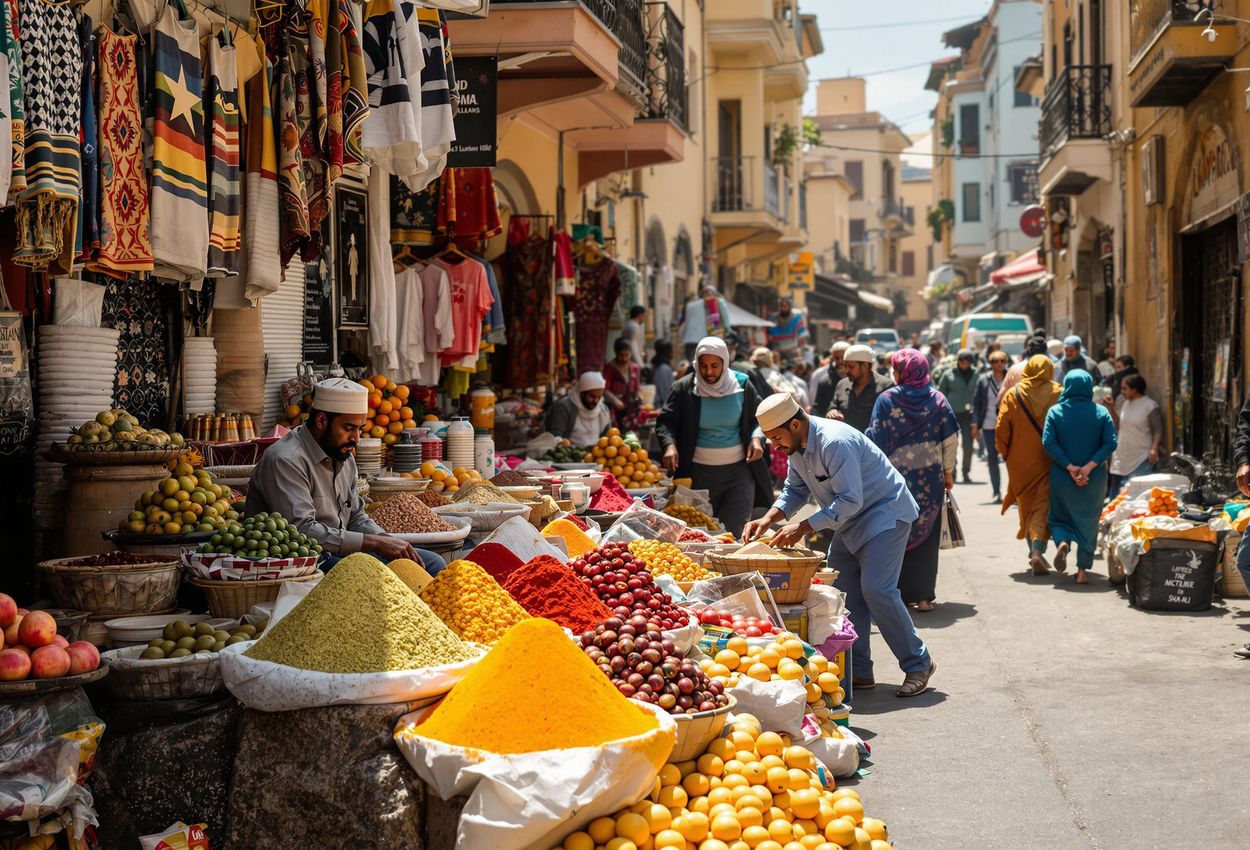A detailed photograph capturing the bustling atmosphere of Addis Mercato in Addis Ababa, Ethiopia, showcasing colorful spice stalls, handwoven textiles, and the vibrant interactions between vendors and shoppers.