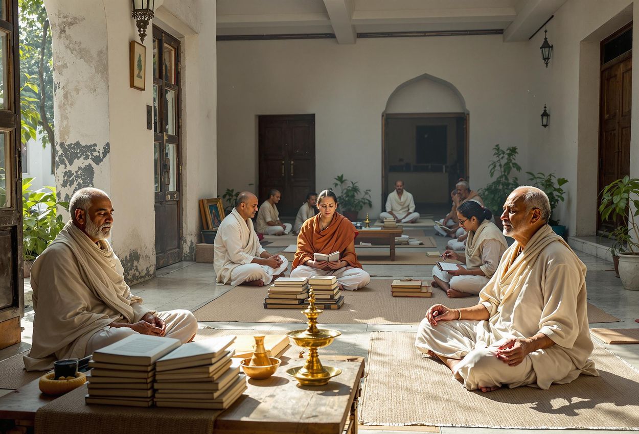 A peaceful photograph capturing daily life inside an ashram in Rishikesh, India, with residents meditating and studying scriptures in a tranquil setting.