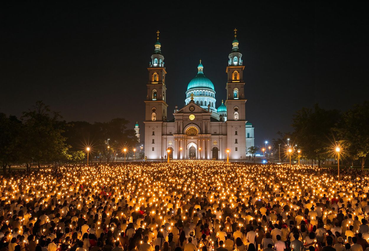 A photograph capturing the ethereal beauty of the Christmas Eve candlelight service at Bole Medhane Alem Cathedral in Addis Ababa, Ethiopia, showcasing the devotion and community of Ethiopian Orthodox worshippers.