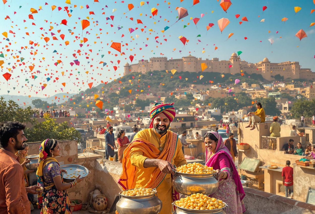 A photograph capturing the joyful Makar Sankranti festival in Jaipur, India, with colorful kites filling the sky and people distributing khichdi.