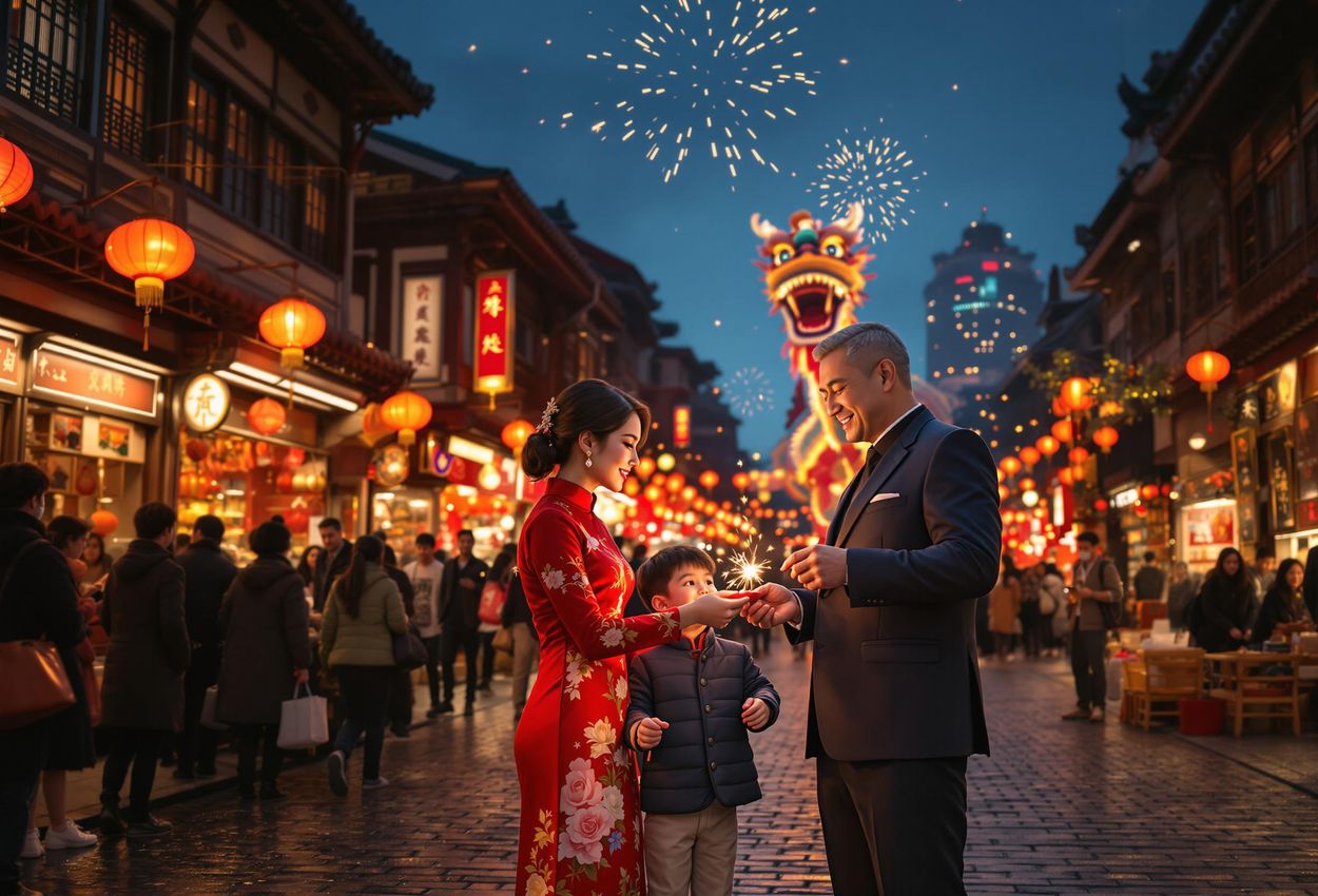 A photograph capturing the vibrant Lunar New Year celebrations in Shanghai