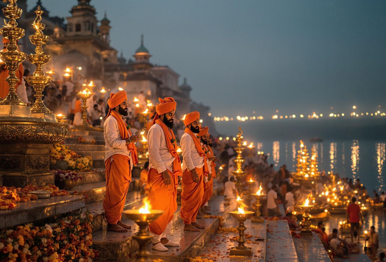 A captivating photograph of the Ganga Aarti ceremony at Dashashwamedh Ghat in Varanasi, India, showcasing the vibrant rituals and spiritual atmosphere on the banks of the Ganges River.