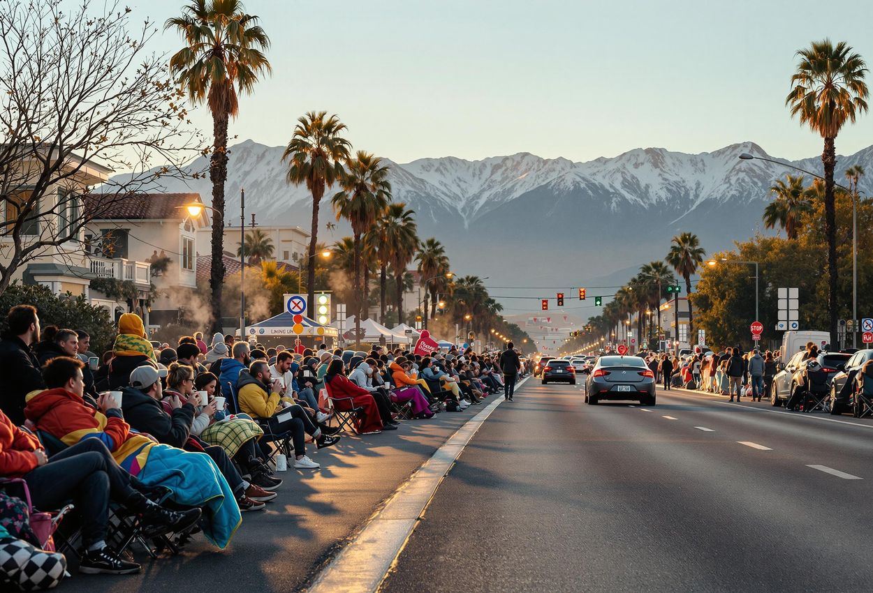 A wide-angle photograph captures the excitement of Colorado Boulevard at dawn on New Year