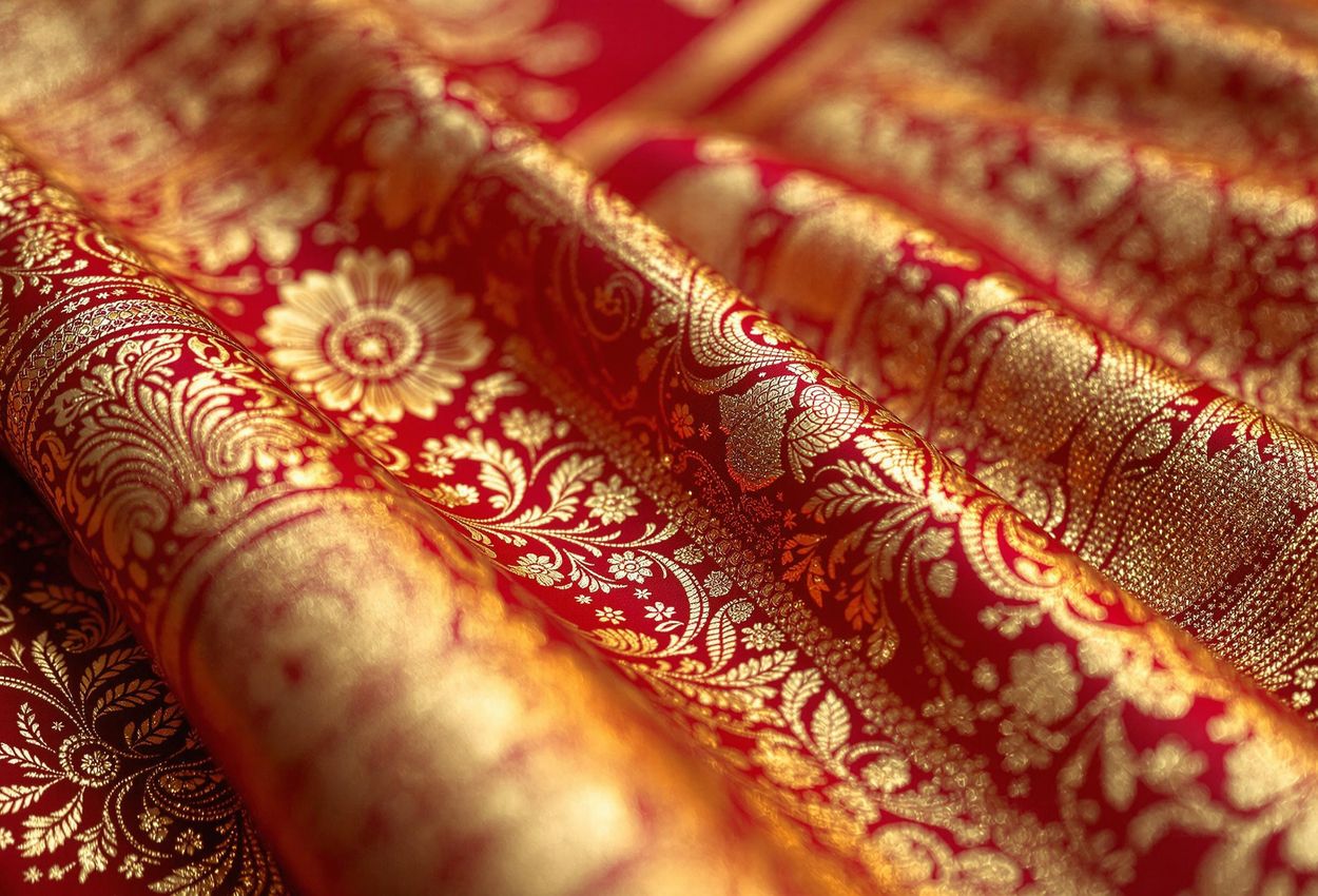 A detailed macro photograph of a Banarasi silk sari, showcasing its exquisite craftsmanship, intricate designs, and shimmering gold threads.