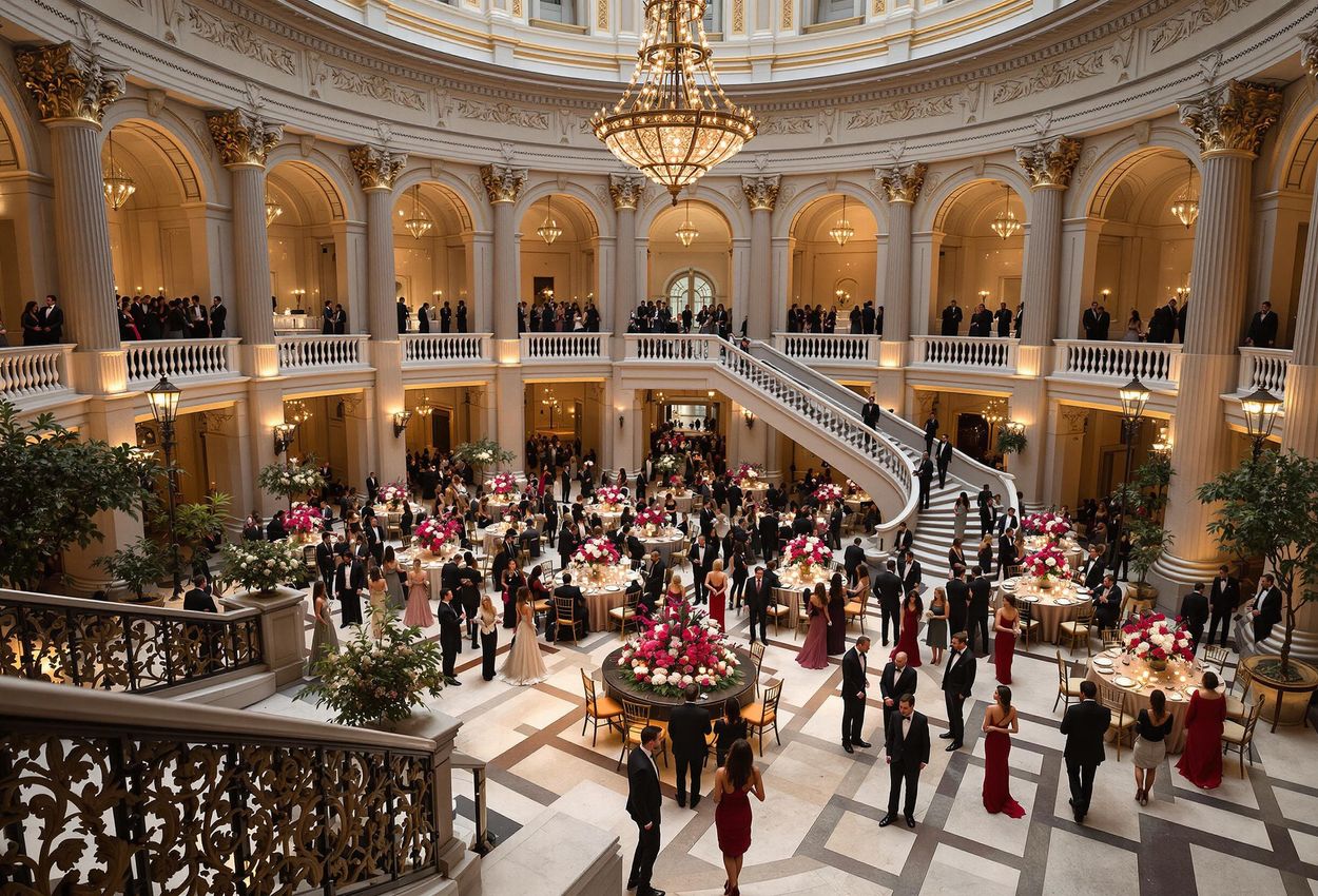 A photograph capturing the grandeur of a gala reception inside San Francisco City Hall