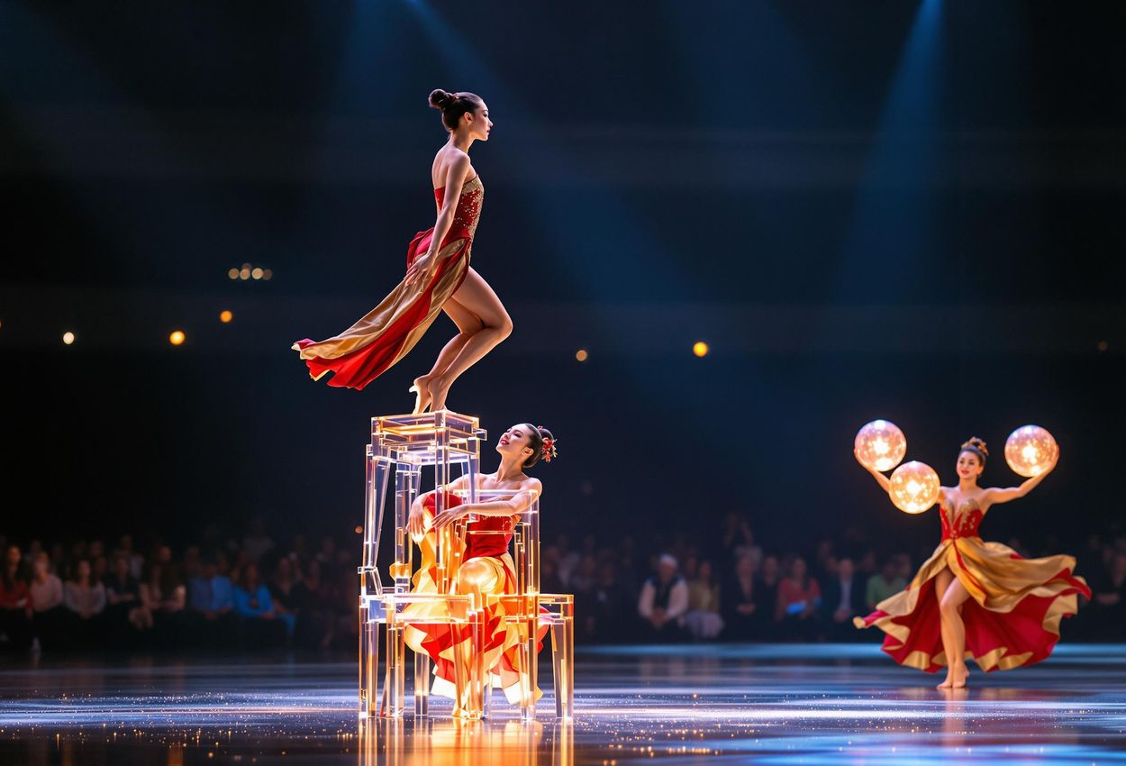 A stunning photograph captures the artistry and athleticism of a Shanghai acrobatic show, showcasing gravity-defying feats and vibrant cultural expression.