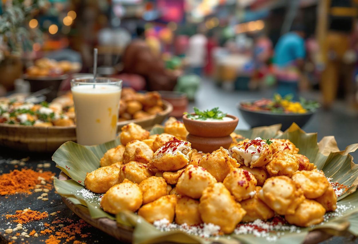 A close-up photograph capturing a vibrant spread of Varanasi street food, including kachori, lassi, and chaat, showcasing the rich culinary heritage of India.