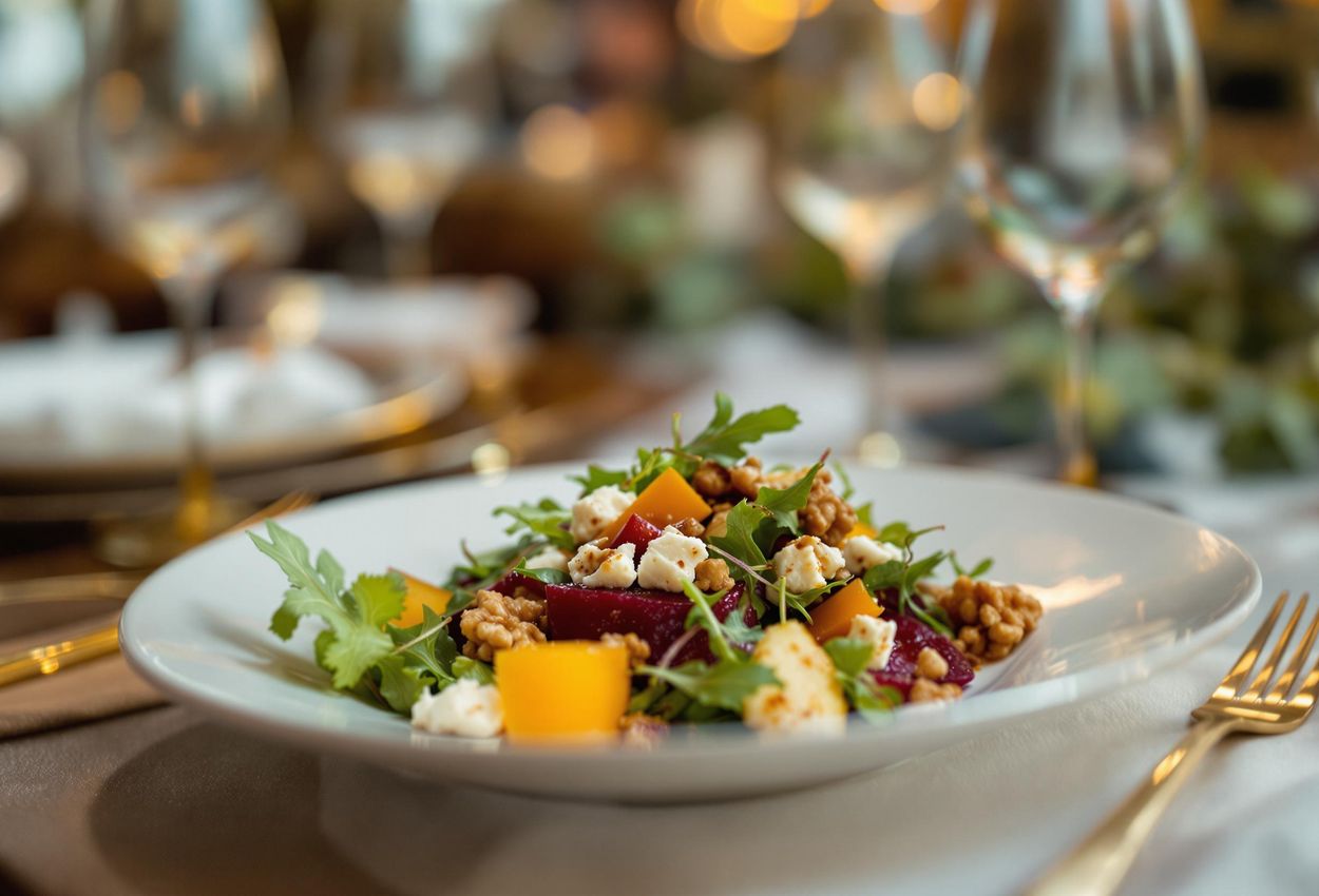 A close-up photograph of a roasted golden beet salad served at an elegant dinner inside Stockholm City Hall. The image highlights the vibrant colors and textures of the dish.