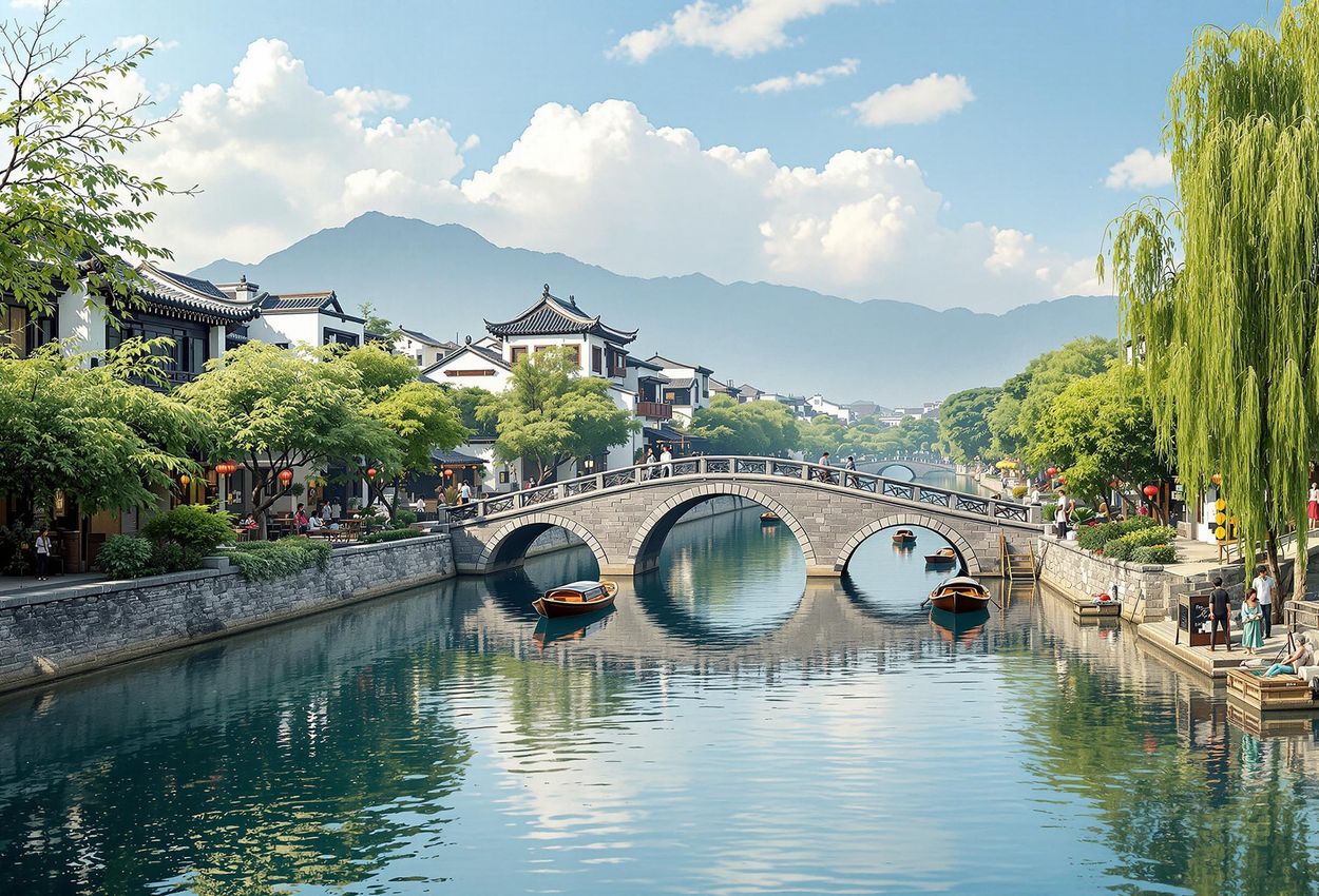 A tranquil photograph capturing the beauty of Zhujiajiao Water Town, showcasing its ancient bridges, traditional architecture, and peaceful canals.