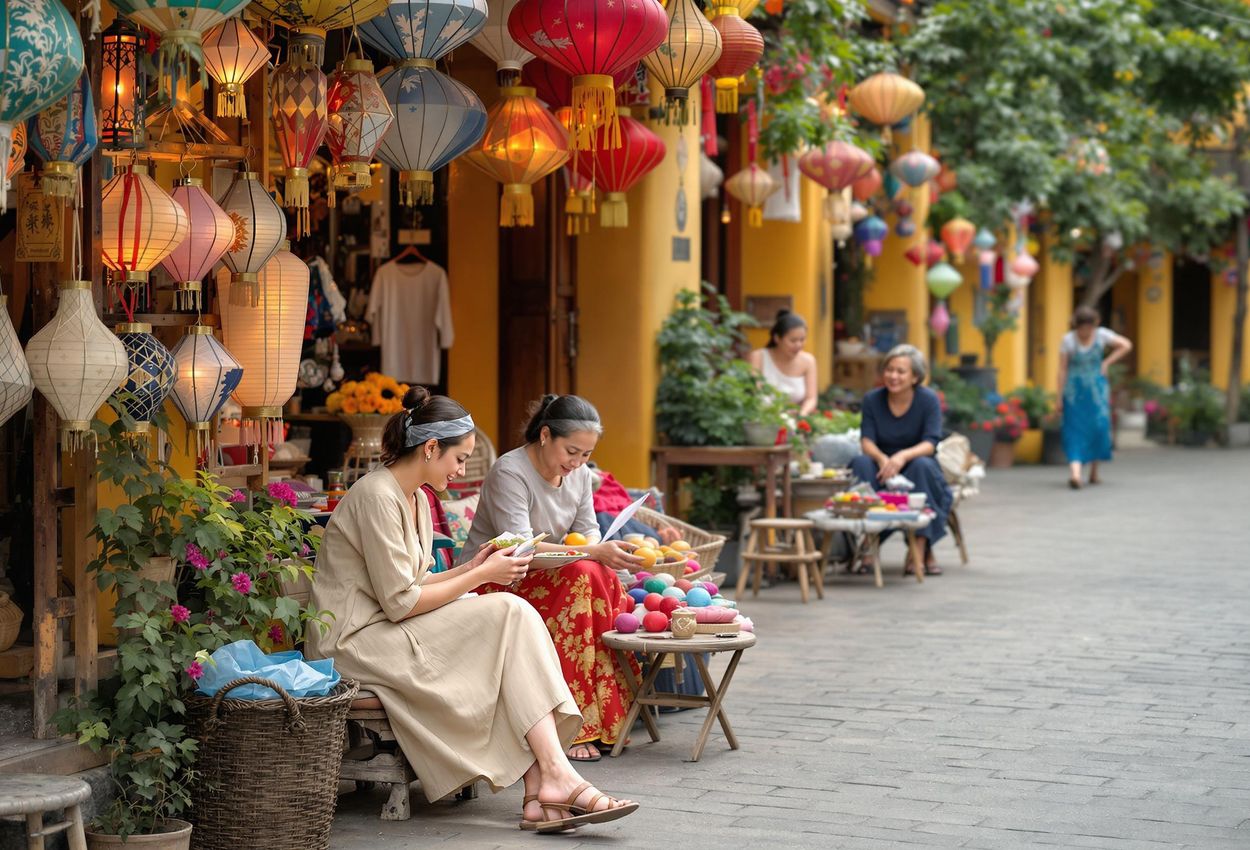 A photograph of a traveler respectfully observing local customs while interacting with artisans at a silk lantern stall in Hoi An, Vietnam.