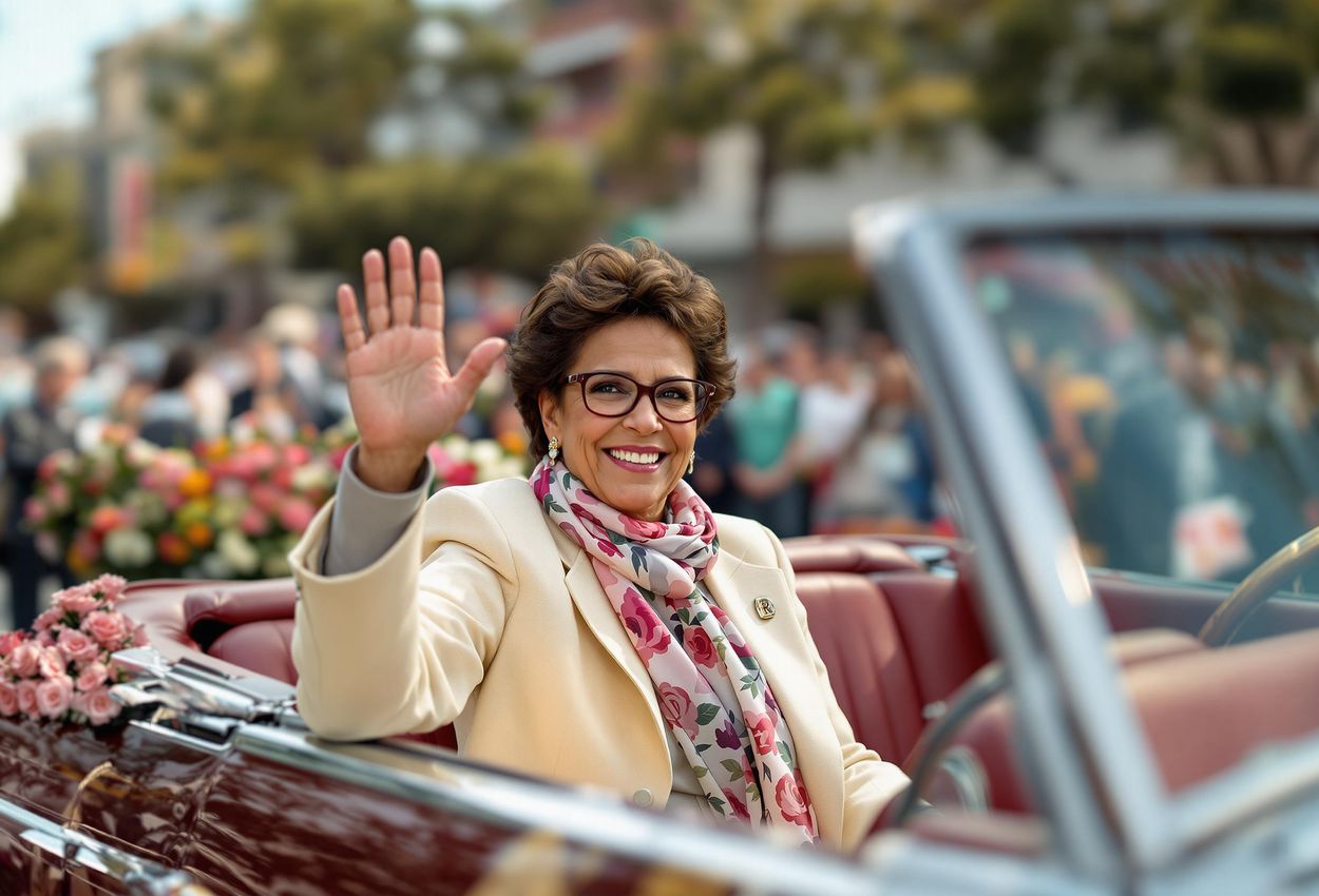 A portrait of Billie Jean King, Grand Marshal, at the 2025 Rose Parade in Pasadena, California. The image captures her leadership and charisma amidst the parade