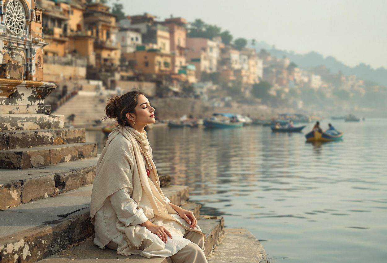 A peaceful photograph capturing a traveler in quiet reflection by the Ganges River in Varanasi, India. The image evokes a sense of spiritual journey and tranquility.