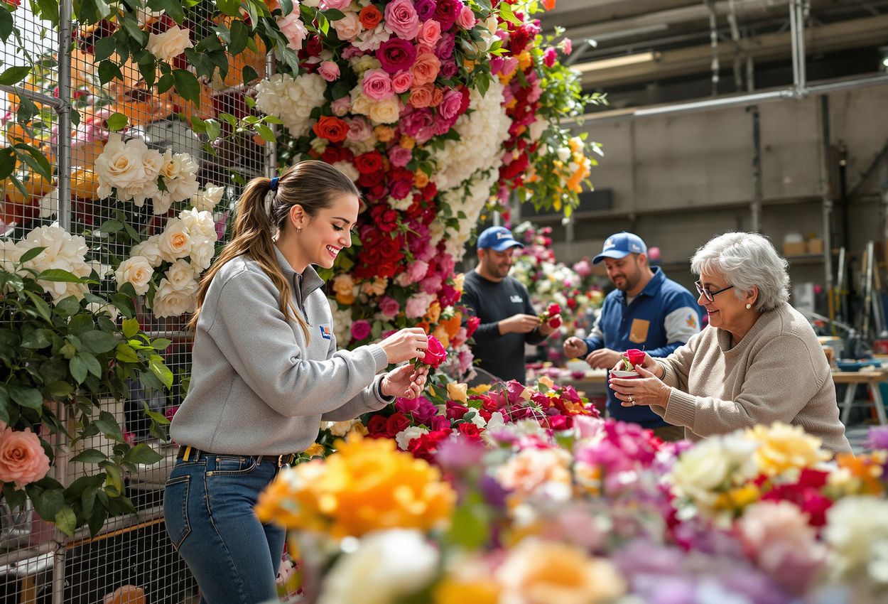 A photograph captures volunteers preparing a Rose Parade float in Pasadena, showcasing the community spirit and dedication behind the iconic event.