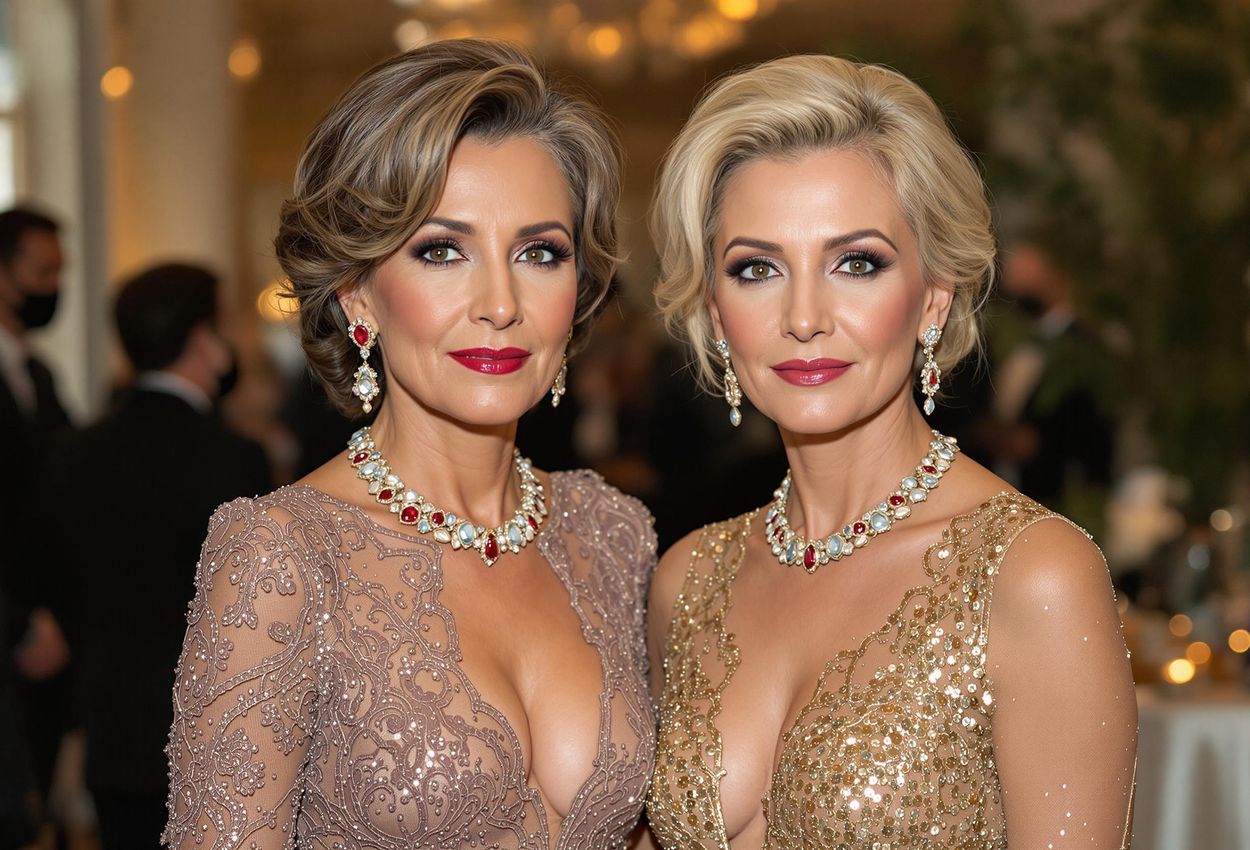 Full-length photograph of Dede Wilsey and Yurie Pascarella at a San Francisco gala on January 22, 2025. Wilsey is wearing a mauve lace gown and ruby jewelry, while Pascarella is wearing a gold-sequined gown. The background is blurred, showing the elegance of the event.