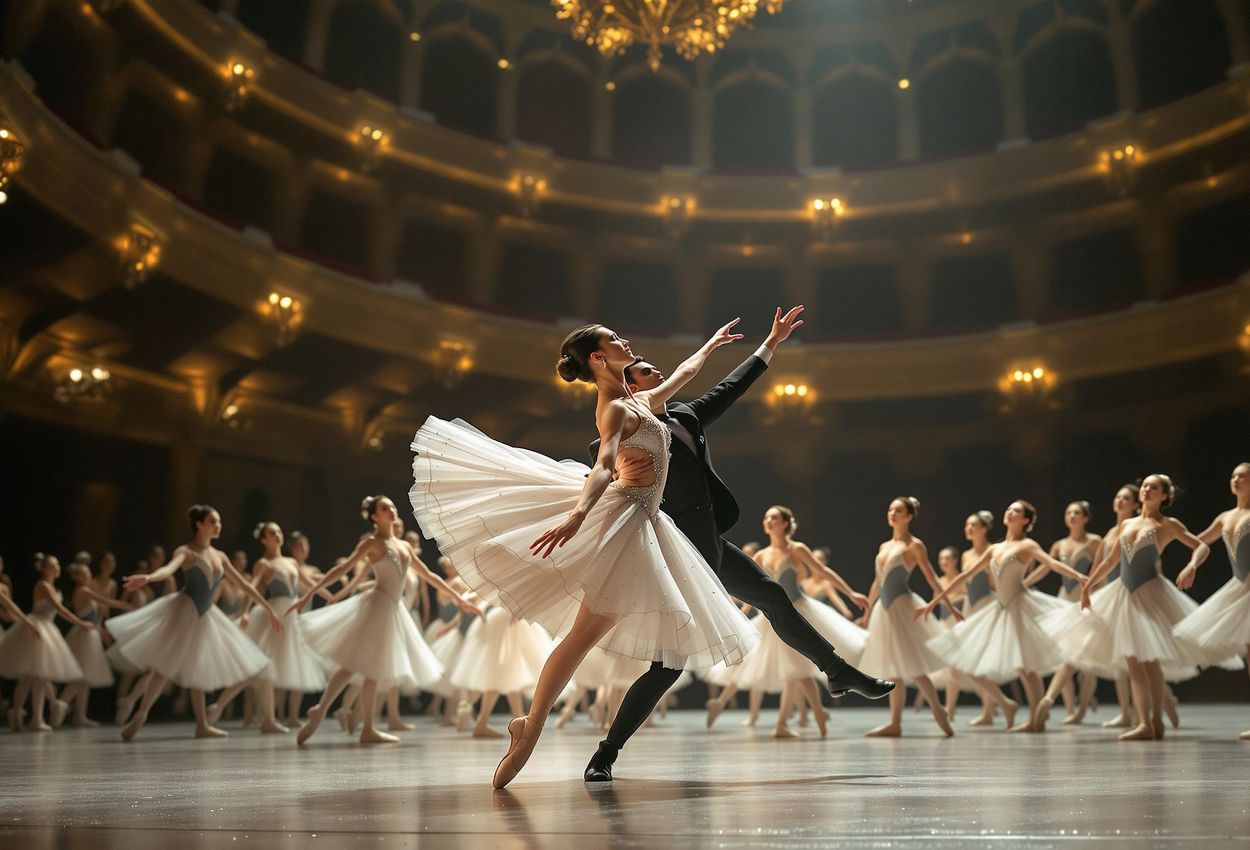 A wide shot captures a ballet performance at the Mariinsky Theatre in St. Petersburg, Russia, on January 22, 2025. The image focuses on the principal ballerina and male lead, surrounded by the corps de ballet, under dramatic lighting.