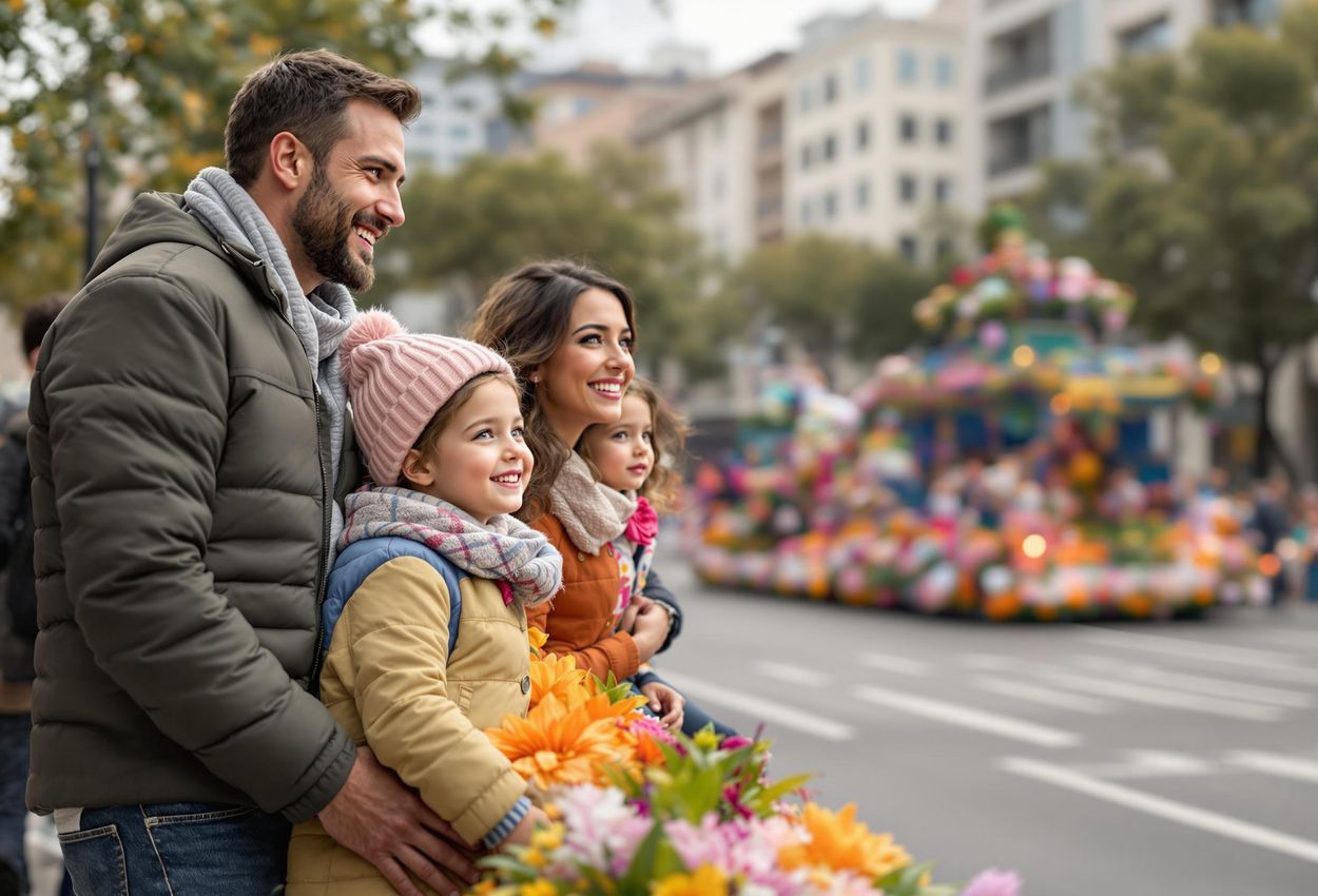 A heartwarming photograph captures a family enjoying the Rose Parade in Pasadena, California. The children