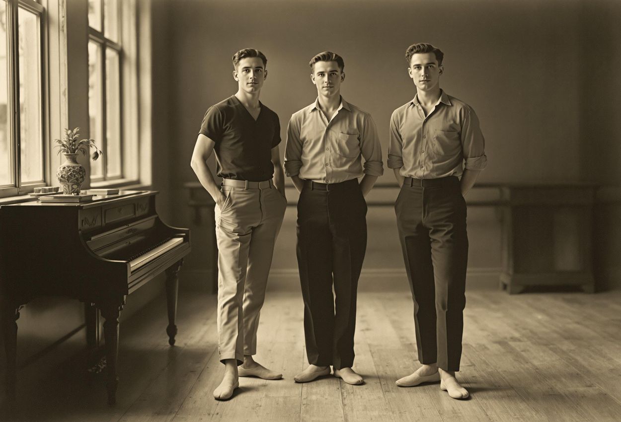 A historical photograph of the Christensen brothers, William, Harold, and Lew, in their early years as founders of the San Francisco Ballet, circa 1930s, captured in a dance studio.